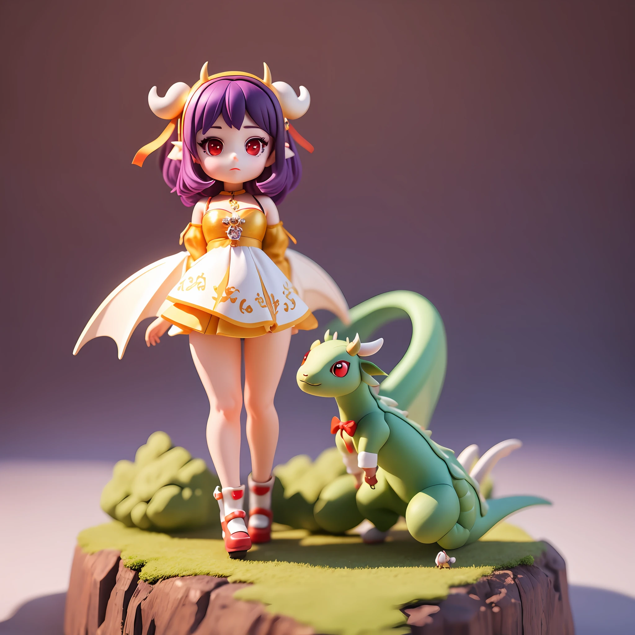 Super cute girl full body 3D drawing,adolable,Pop Mart blind box,Hand size, Masterpiece, 1girll, dramatic lights,adolable,tmasterpiece,Need,PremiumQuality,Dragon girl,cow horn,Dragon's horn,red - eyed,White,Off sleeve,pointy-eared,hair adornments,cropped shoulders,Dragon wings,Double wings,little wings,Deep purple hair, delicated,adolable,The face is slightly chubby,babyfat, full bodyesbian, pigeon-toed, From above, Faraway view, super wide shot, Depth of perspective, depth of fields, Deep charge projector,k hd,8K