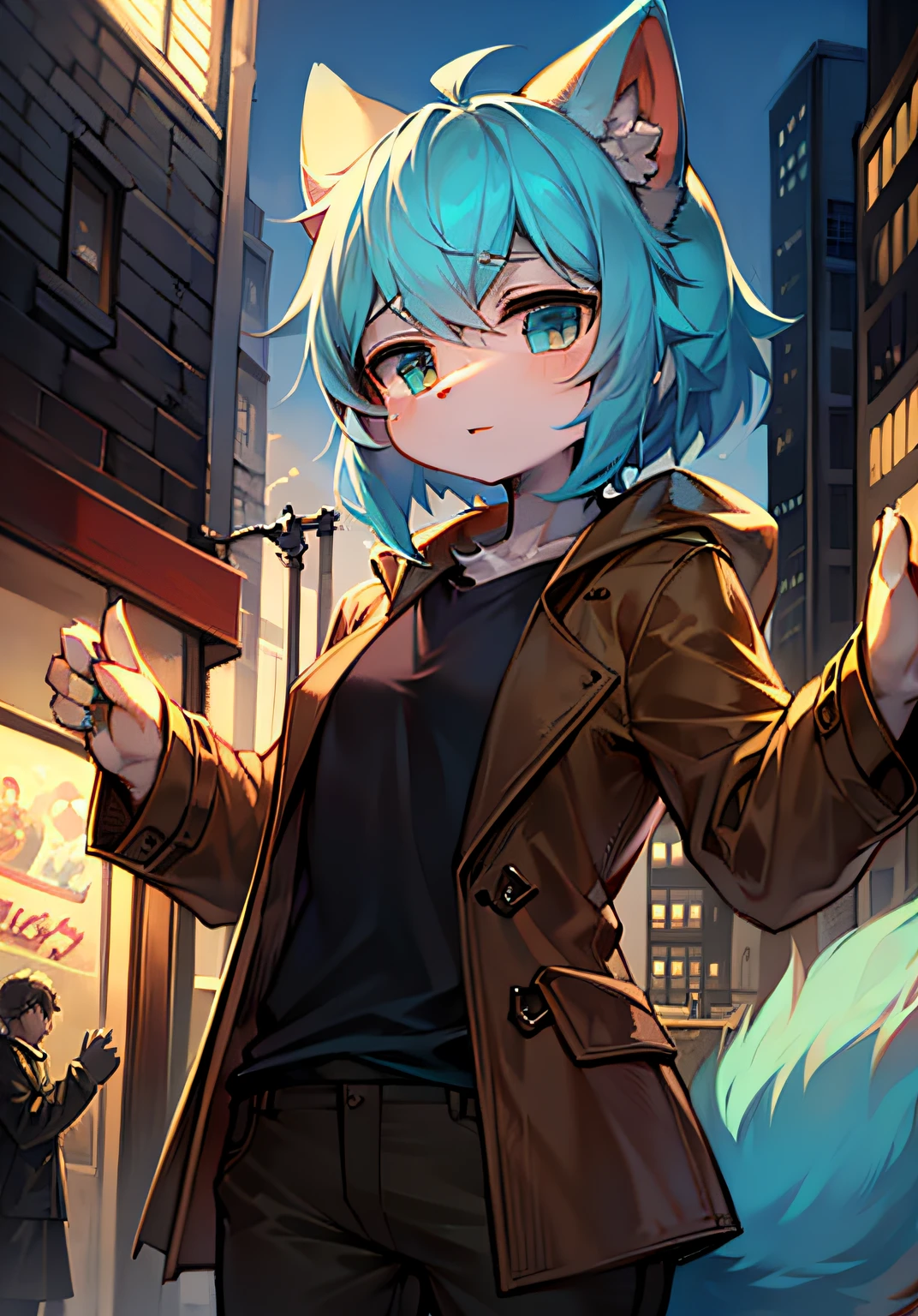Stand in the city,hightquality,Cat type,Humanity,Cubs,Big fluffy cyan tail,Hair with a blue gradient,a masterpiece of,Cat ears,Brown trench coat,Black shirt,Brown pants,lovly