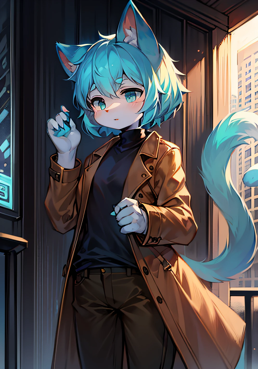 Stand in the city,hightquality,Cat type,Humanity,Cubs,Big fluffy cyan tail,Hair with a blue gradient,a masterpiece of,Cat ears,Brown trench coat,Black shirt,Brown pants,lovly