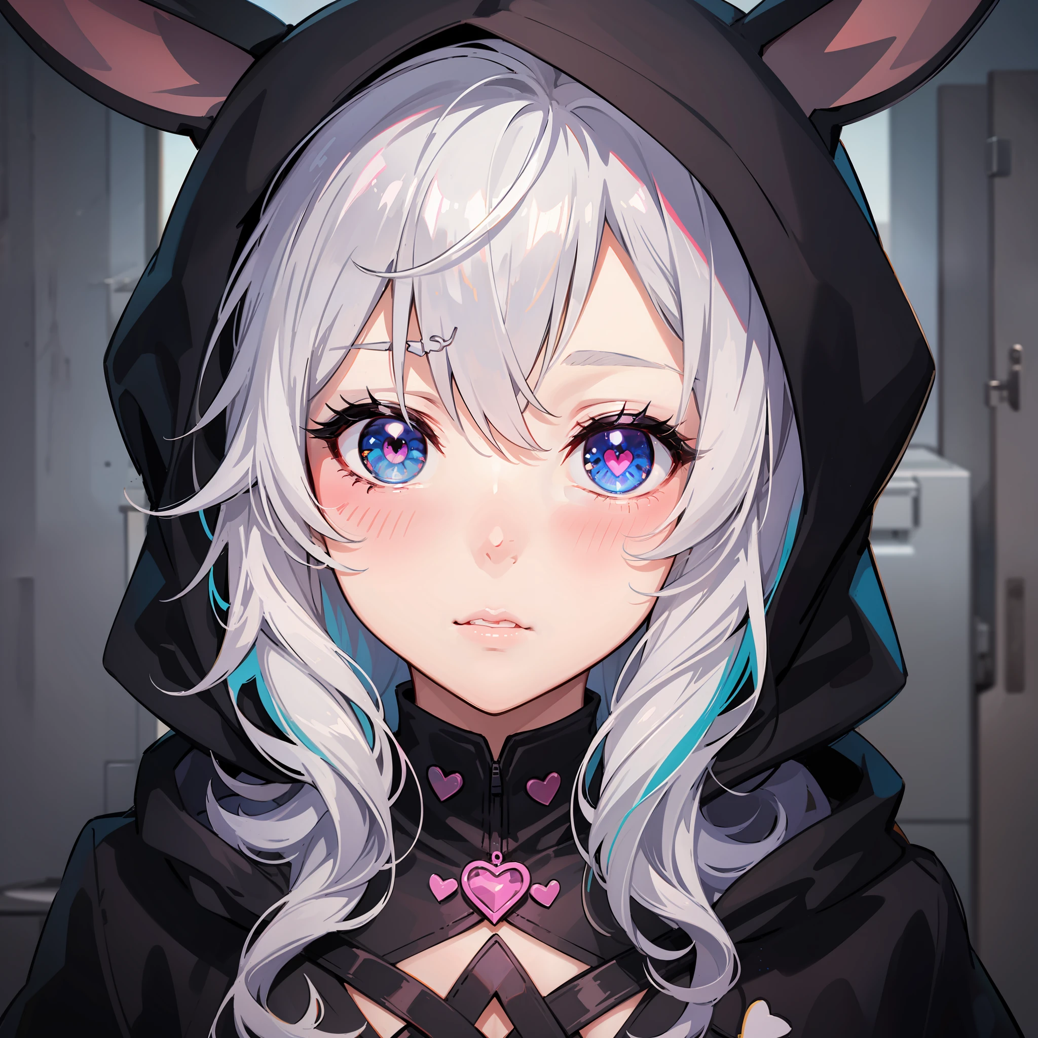 Asymmetrical hair, bangs, Gradient hair, multicolored hair, Hood, mouth mask, skull hair ornament, Heart-shaped pupils, mismatched pupils, Rabbit ears, Blush, Shy, parted lip, Anime, Anime style, Cinematic lighting, 8K, Super detail