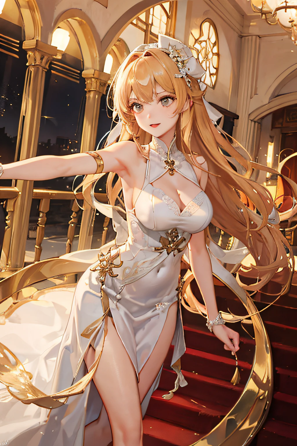 (((1个Giant Breast Girl)),Ray traching,,,((golden hair)),((Hair is supple)),((((plump and slender girl))golden curly hair))){Walk the detailed scene on the red carpet on the stairs of the hall}((((The girl wears a noble white dress,The skirt has a pattern),It shows a delicate and slender figure and beautiful curves,Correct limbs,Hands pinched the hem of the skirt,Gao Leng face,A brightly lit temple
