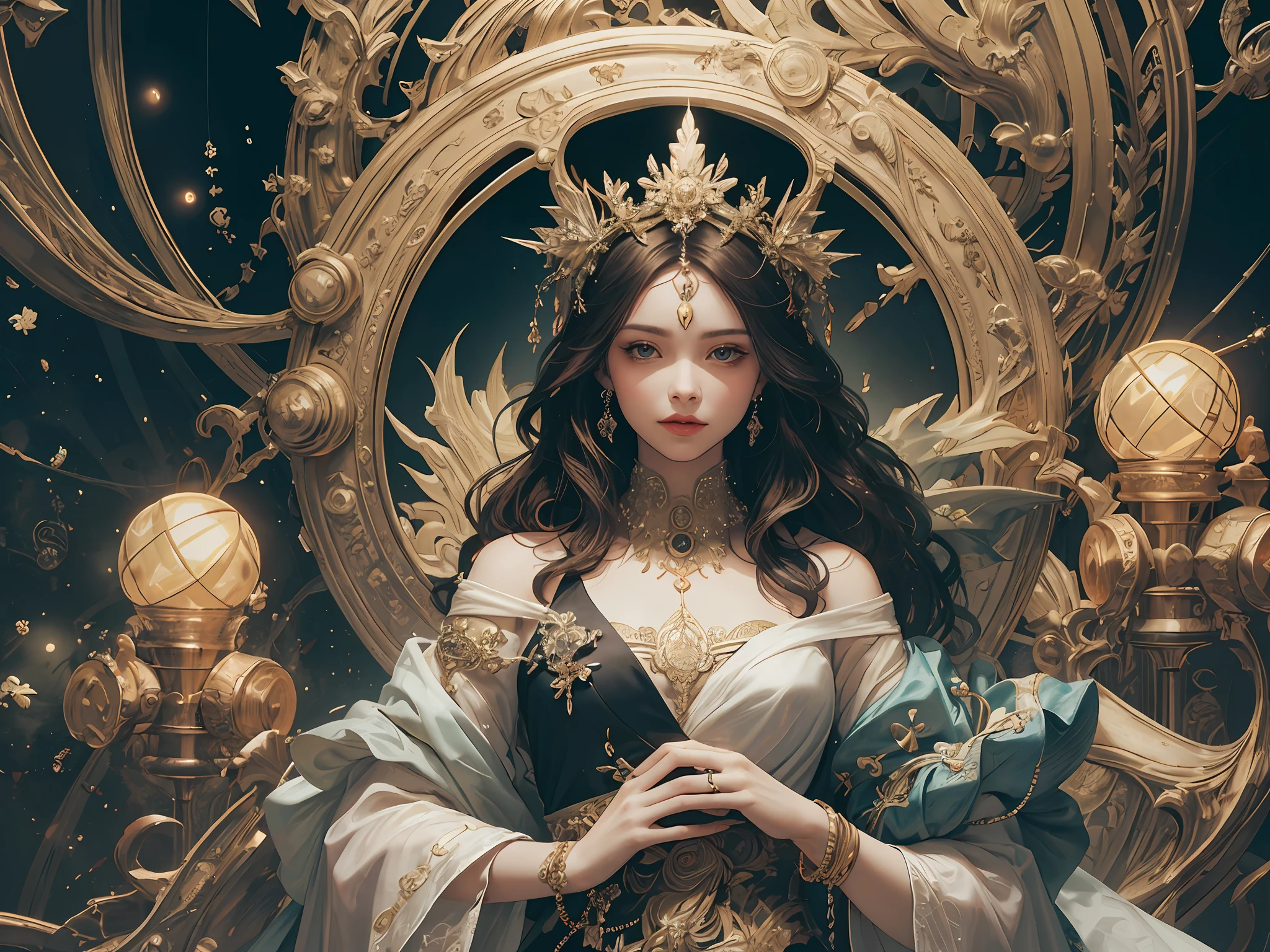 (masterpiece, top quality, best quality, official art, beautiful and aesthetic:1.2), (1girl), extreme detailed,colorful,highest detailed, official art, unity 8k wallpaper, ultra detailed, beautiful and aesthetic, beautiful, masterpiece, best quality, (zentangle, mandala, tangle, entangle) ,holy light,gold foil,gold leaf art,glitter drawing, PerfectNwsjMajic