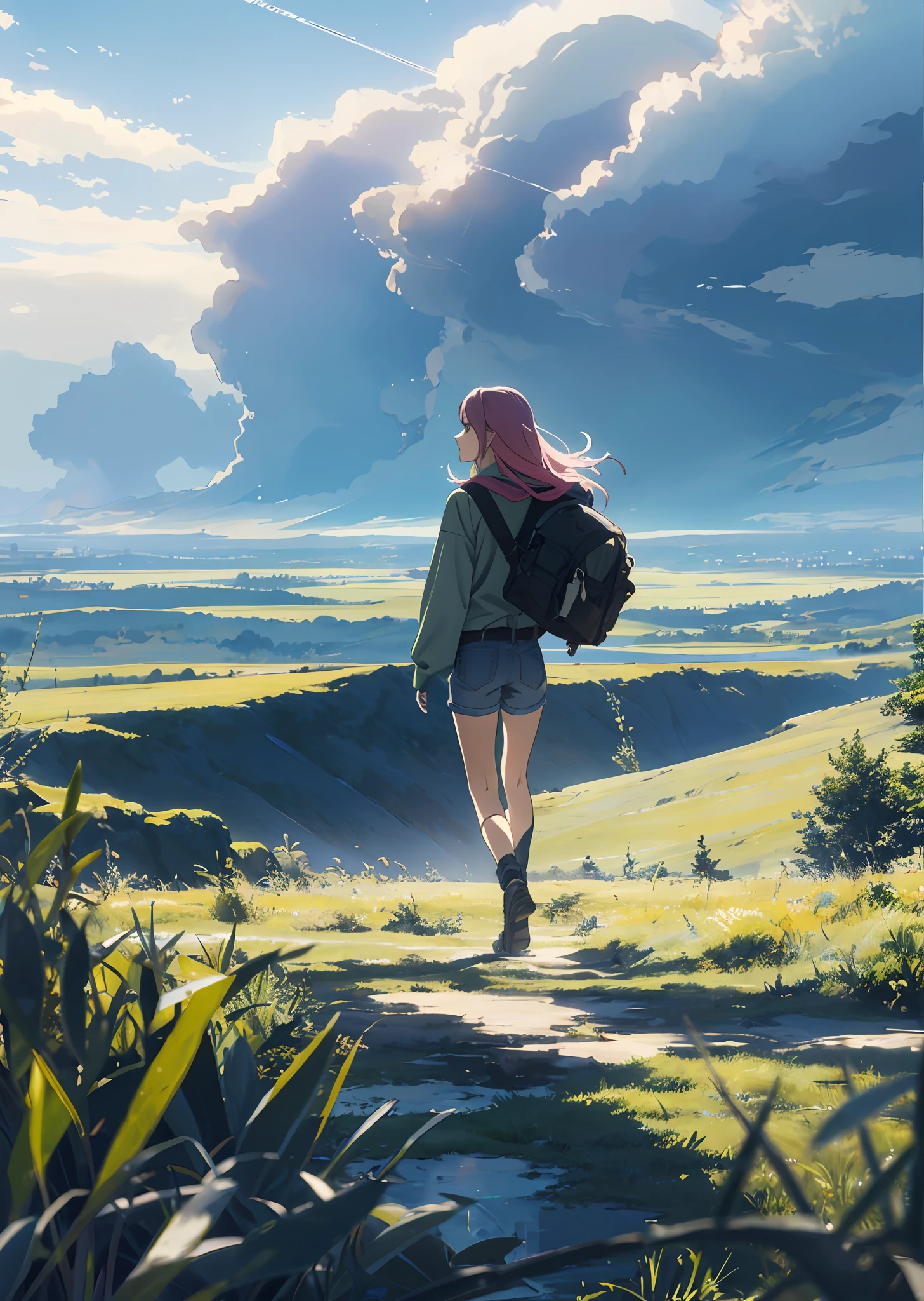 The vast sky,the beautiful skyline,Large grasslands,Intense and dramatic imagery,the moving visual effects,the high-hanging Polaris,Colorful natural light。A long-sleeved top,denim short,A girl with long pink hair carrying a backpack。