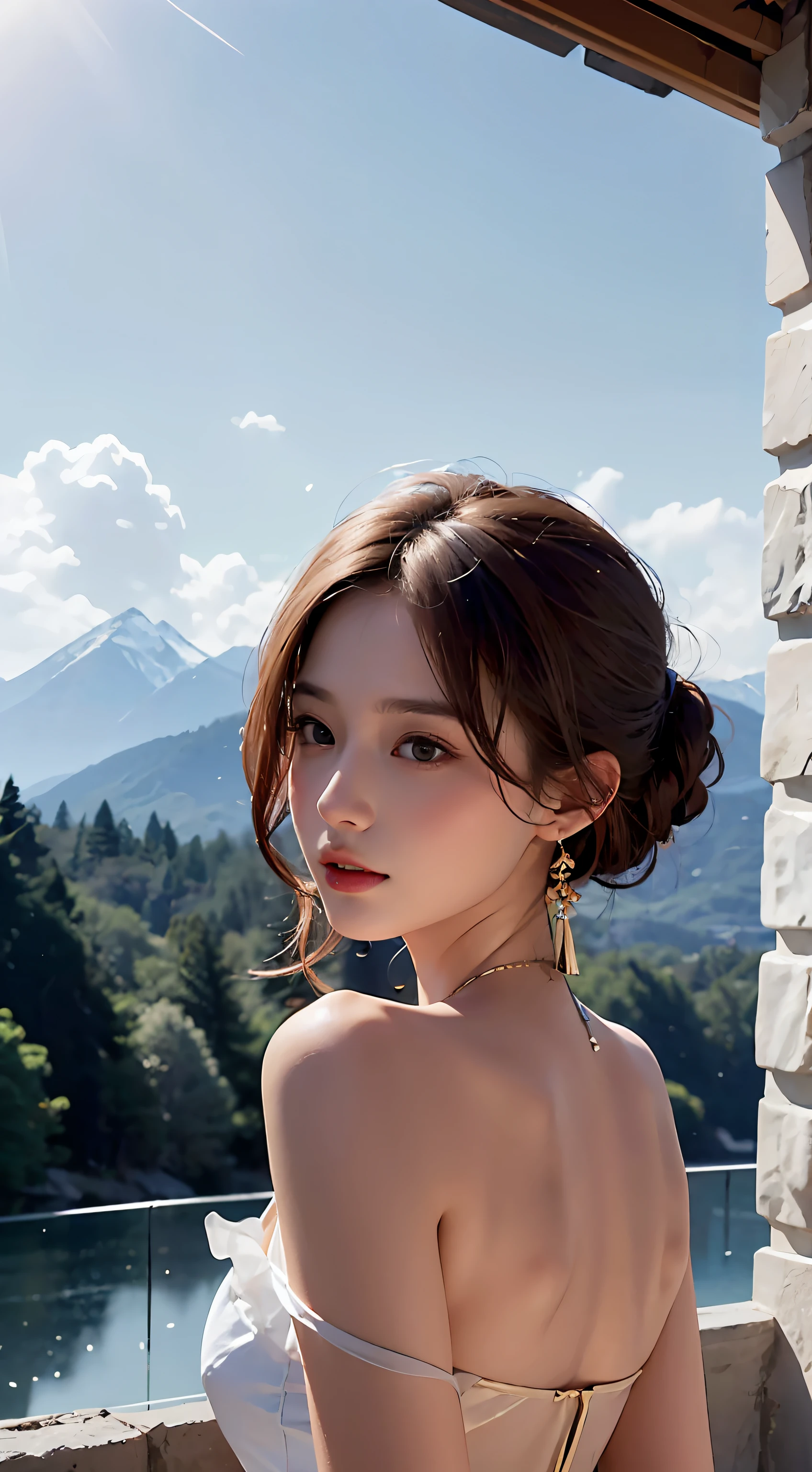 best qualtiy，tmasterpiece，超高分辨率，Realism 1.5，RAW photogr，1girll，deep shading，low tune，cold light，Beautiful scenery in the background，cropped shoulders，Tassel earrings，The figure is in the middle