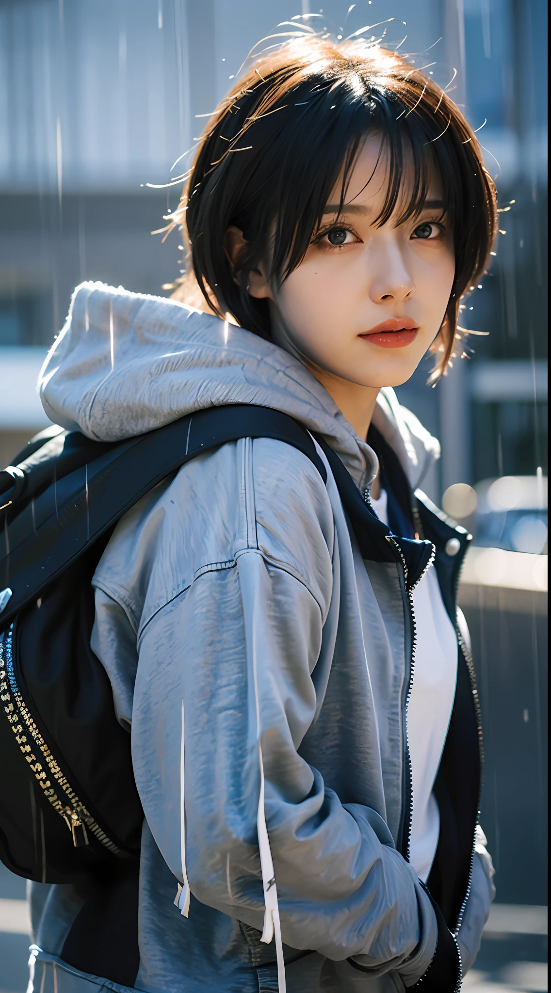 1girl, jacket, rain, outdoor, hoodie, open jacket, chain, backpack, looking at another, messy hair, trending on artstation, 8k resolution, highly detailed, anatomically correct, sharp image, digital painting, concept art, trending on pixiv, style of makoto shinkai,
