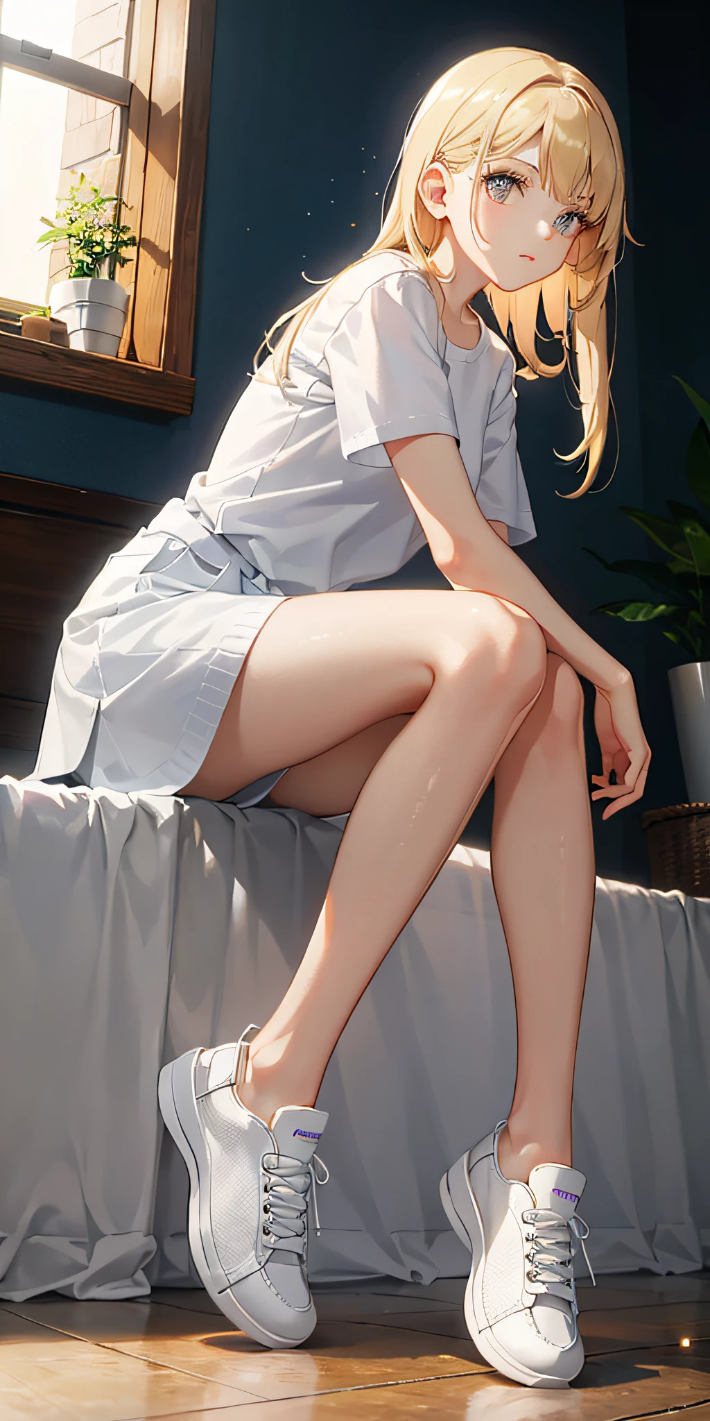 , Beautiful white sneakers, side light, light particles, wallpaper, Beautiful posture