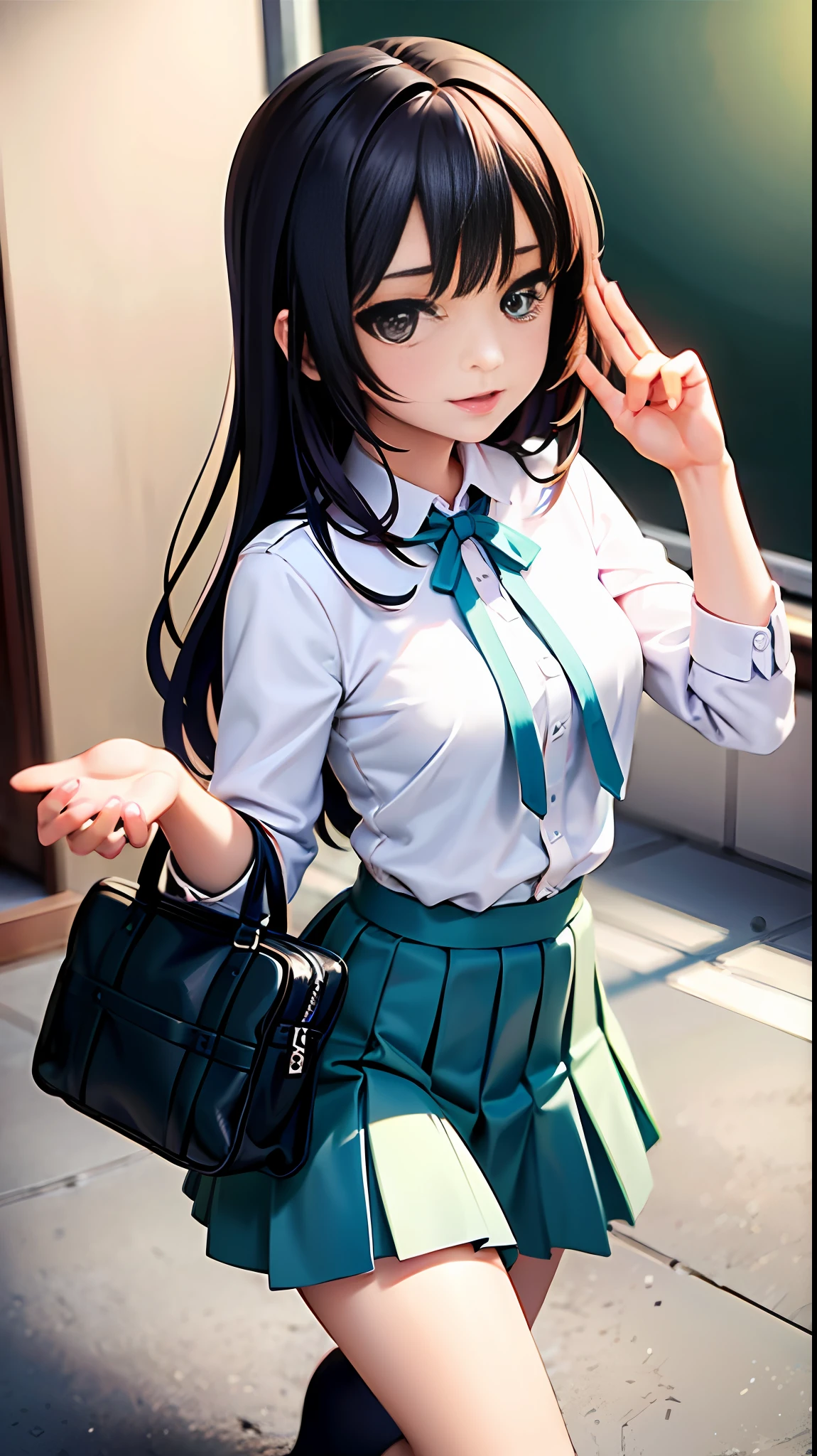 A little girl with a backpack on her back,grin,adolable,naïve ,anime big breast,IP role,The background is school,Fountain pool --auto
