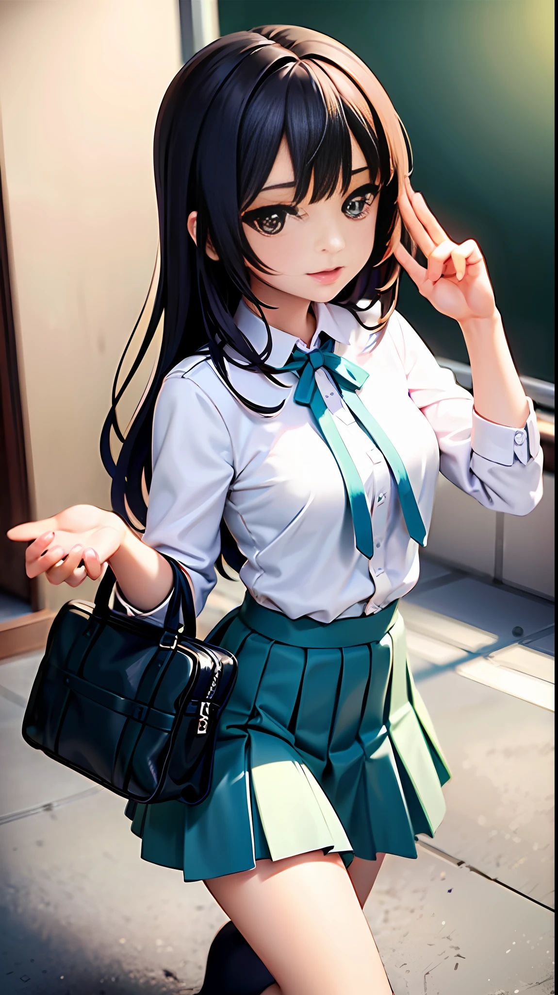 A with a backpack on her back,grin,adolable,naïve ,anime big breast,IP role,The background is school,Fountain pool --auto