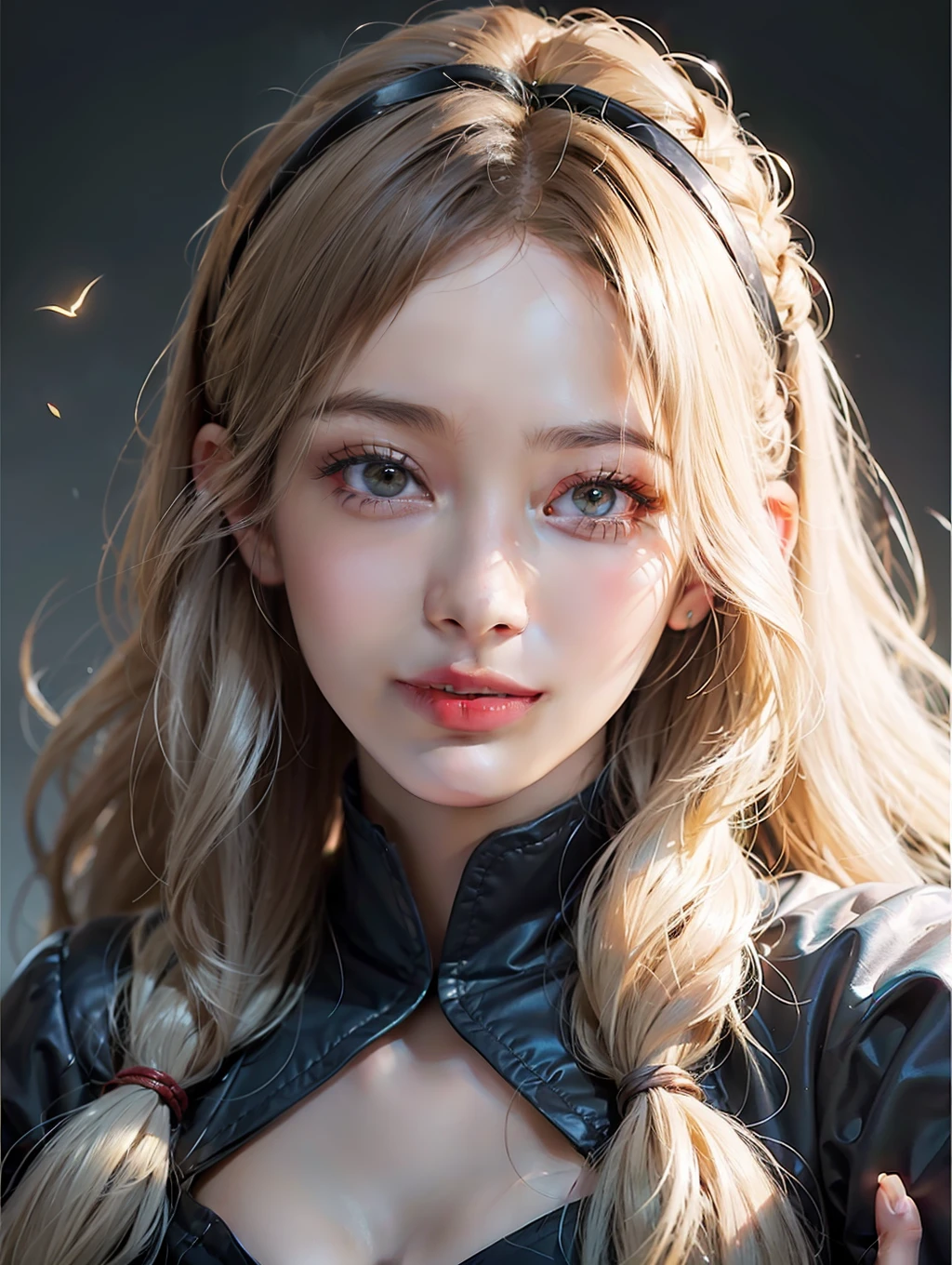 (front focus), (in the dark:1.6), Hyperrealist portrait of female by david hockney and alphonse mucha, fantasy art, photo realistic, dynamic lighting, artstation, poster, volumetric lighting, very detailed faces, 4 k, award winning, 1girl, in the dark, deep shadow, low key, cowboy shot, (official clothing:1.4), long hair, white hair, happy smile, skin texture,