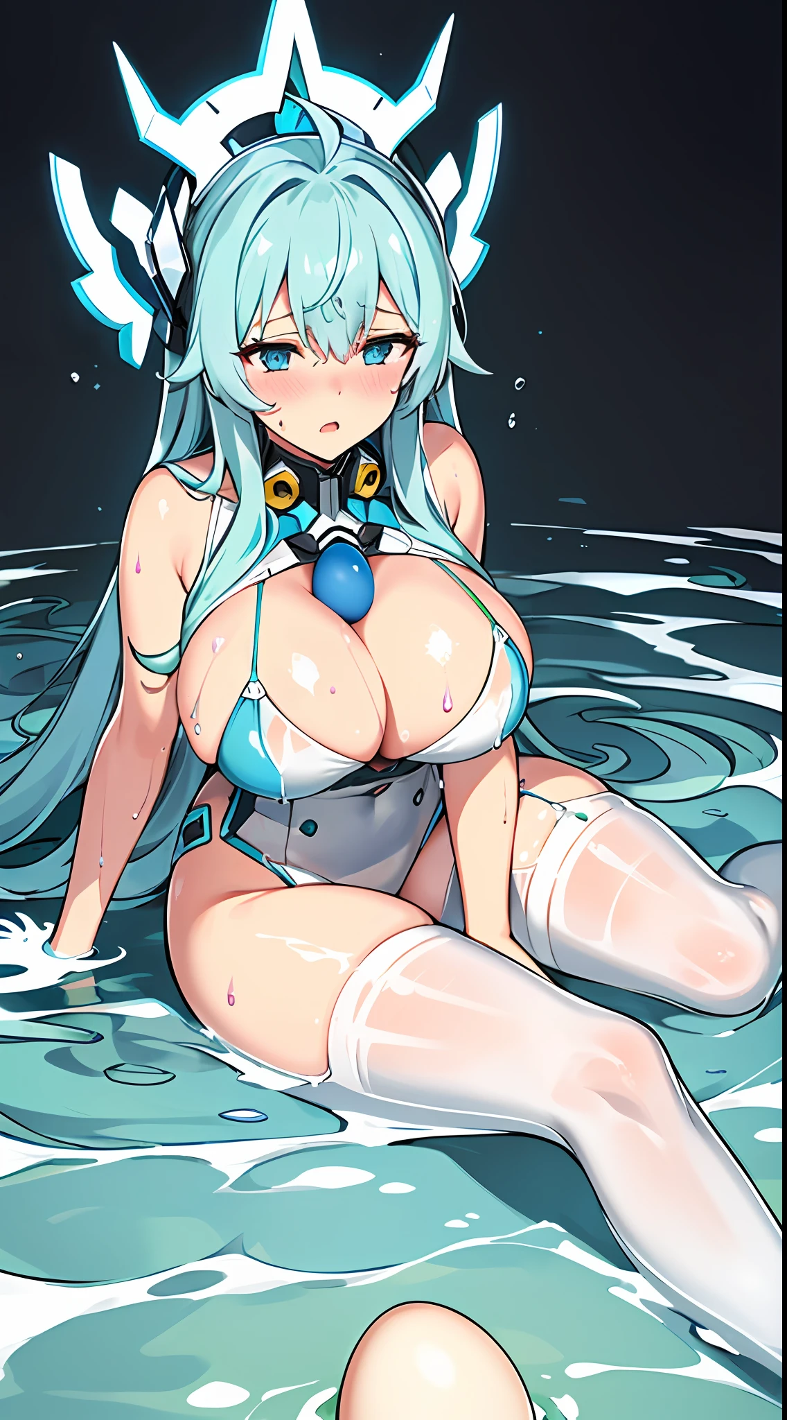 (((巨作))), (((best qualtiy))), ((Ultra detail)), (illustration),The chest is covered with mucus,The lower body is covered with mucus,((The girl with big breasts clamped the blue egg between her legs)) ,((A lot of fluid runs between the legs)) ,(The viscous liquid sprayed into the girl's face),(A pair of long legs dressed in soaked white silk),eBlue eyes,Big breasts sky blue hair girl ,Soaked white stockings,Mecha-style headdress,Look at the audience obediently,Mature girl,White clothes are soaked,Blush and gasp,Wearing sweat,lies on the ground,with wet faces,Get wet all over your body,Lie on your side on the ground,An expression of humiliation,Full nudity in the lower body,A motherly expression,Exhausted collapse on the floor