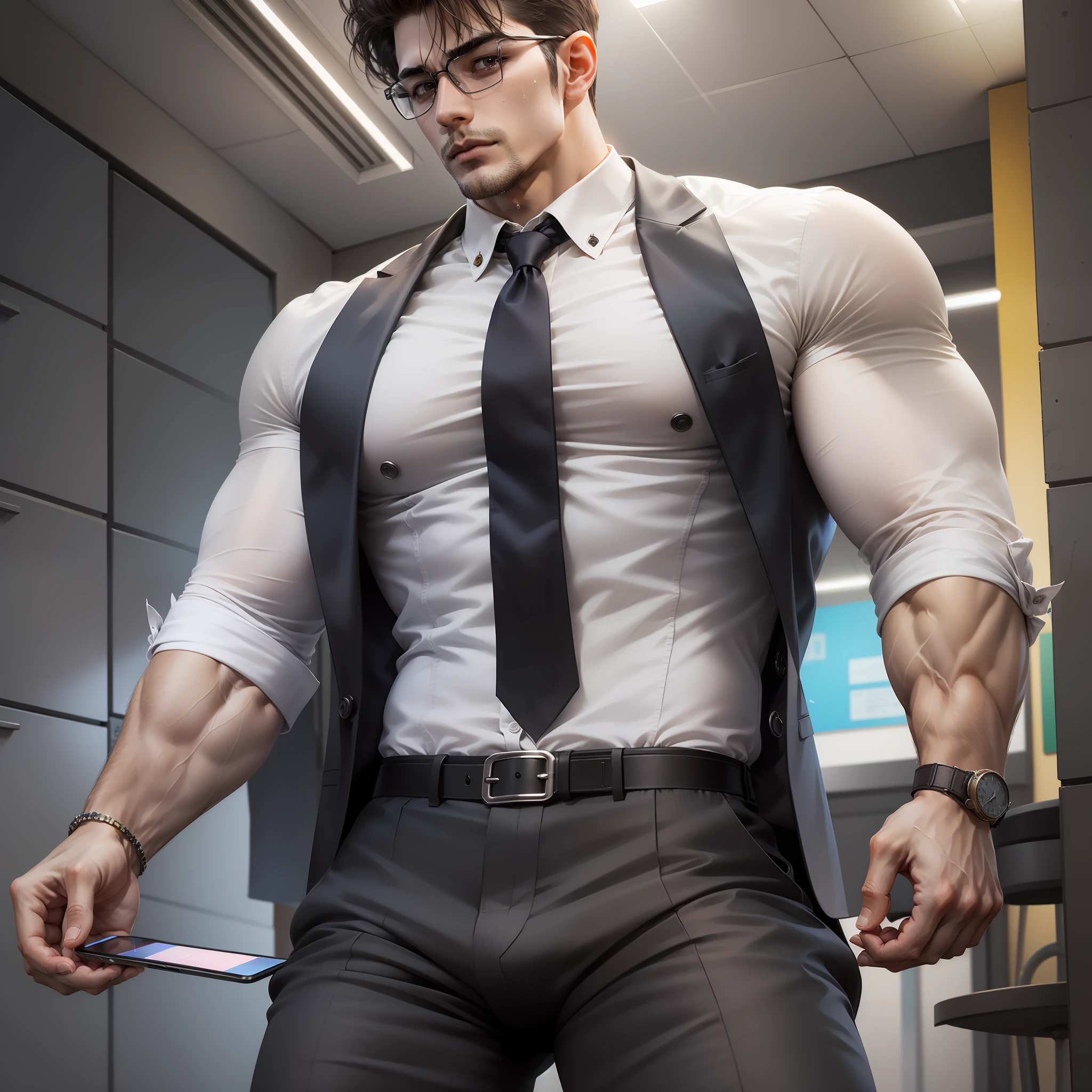 Mature men,Business suit,Sweating profusely,sweat leggs,shirt,office room,sbeard,Thick body hair,anime big breast,Day man,Japan,30 age old,Sweat soaked through clothes,full bodyesbian, male only,malefocus,musculature,Best Rated on pixiv,Super buff and cool,A high resolution,tmasterpiece,top-quality,musculous,male people,mtu,Mature men Men for men only,Office buildings for large companies,In a glass-walled office,demo,holding a smartphone in hand,Employee cards are slung around their necks,Employee ID card on his chest,office worker,Merchant,Black bottom-rim glasses,Business suit,tight and tight business jacket,Tight and skinny business slacks, Tight and tight sheer white long-sleeved shirt,Tearful shirt chest, tight and tight suit vest,striped tie,Harnes,business shoes,luxury watches,gentlemen's socks,Giant muscles,super muscles,Masculine appearance,35yo,Mature men,tight-sticking clothes and pants,see through clothes,Beautiful black eyes,Handsome, Dress neatly,Muscular grace,Complex and elegant,highly detailed digital painting,anime style art,art stations,concept-art,top-quality,tmasterpiece, hyper HD, detailed back ground, Realistic figure, Muscle men, sbeard, musculature, Volumetriclighting, depth of fields, Smooth and sharp focus, illustratio, Artistically, black facial hair, short detailed hair, Black hair, musculature, nabel, musculature, male people, Homosexuality, super muscles, malefocus, muscles male, yaoi, musculature, big cuvy hips, chest muscle, large pecs, Thick quadriceps muscles, wide shoulder width, Latissimus dorsi, large biceps, upper legs, a wet body, heat and steam emanating from the body, perspired, soaking wet, Crotch, Big back, , Bare back, showing buttocks, upper class, Radiant oily skin, Sparkling oil skin, suntanned skin, bubble butt, muscular anime guy, Gigachado muscles, musculature!, commission for high resolution, Beef Cake Pose, musculous!, Super buff and cool, musculous!, Best Rated on pixiv, Super buff and cool,SFW version,Row up a