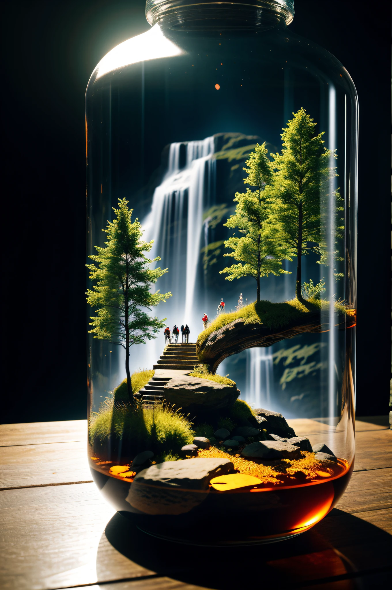 (Complex forest waterfall landscape trapped in a bottle),Atmospheric Oliva lighting,On a table,4K ultra HD,Dark atmosphere,ultra - detailed,Bright colors forest background,Epic composition,rendering by octane,Clear focus,A high resolution,Isometric rich colors,hyper realistic lifelike texture,dramatic lighting,unreal engine trending on artstation cinestill 800,Style-Glass