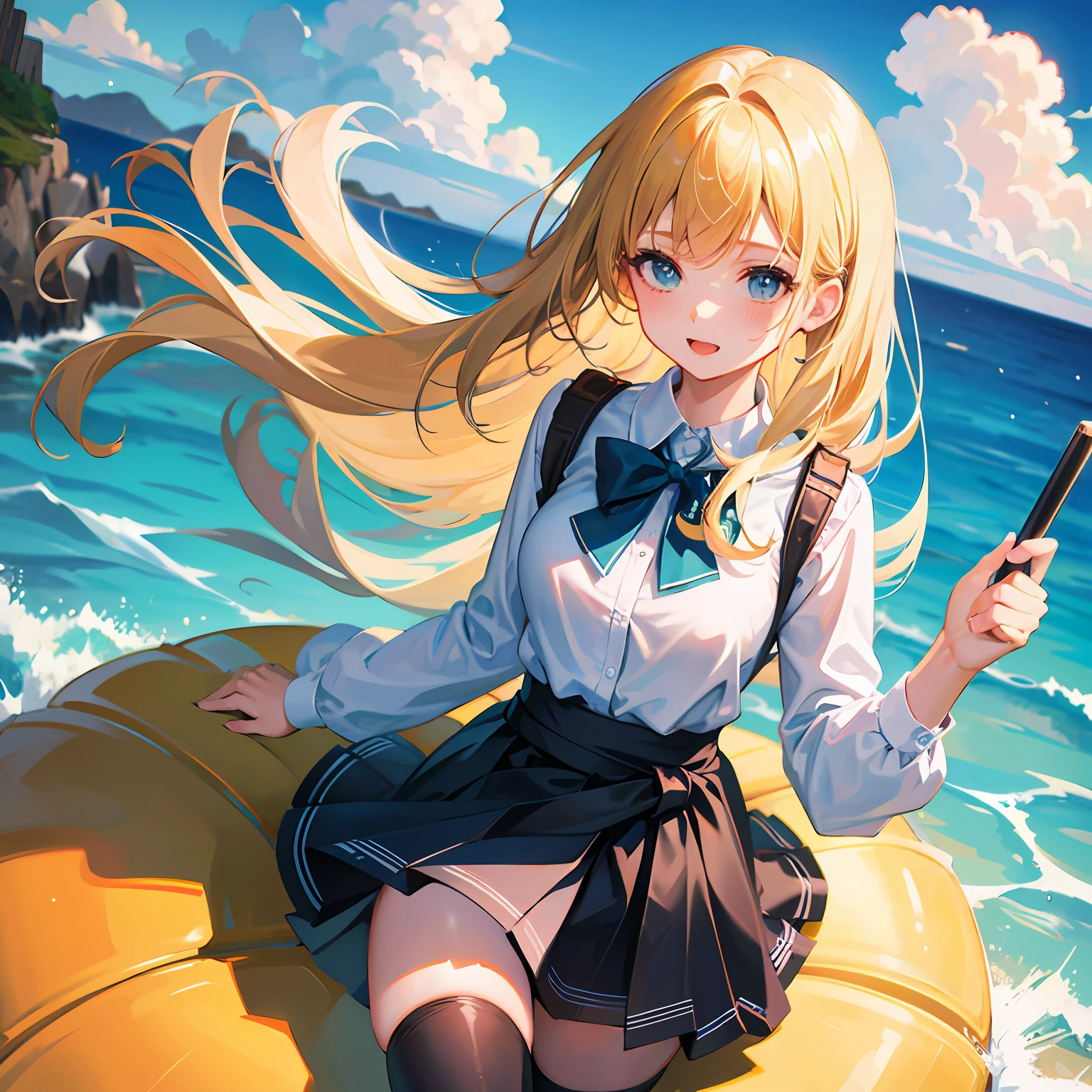 2D Beautiful Girl,tmasterpiece,Normal feet,Sit on the railing,Look down,blond hairbl,double-ponytail,Red and blue heterochromic eyes ,Get wet --auto