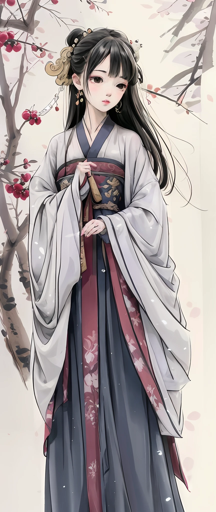 Close-up of a woman in a dress standing by a tree, flowing hair and long robes, Plum tree, A girl in Hanfu, wearing a long flowing robe, ((a beautiful fantasy empress)), wearing a long flowing robe, flowing white robe, the piercing stare of yuki onna, White Hanfu, Beautiful character painting, Onmyoji detailed art, Princesa chinesa antiga