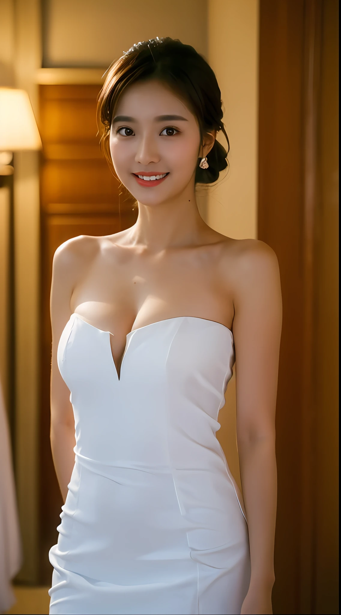((Best picture quality, 8K, tmasterpiece:1.3)), 1girll, perfect figure beautiful woman:1.3, (Casual hairstyle, Leaky big breasts:1.2), Bandeau,wedding gown,Weddings,Ultra-fine face, A detailed eye, 二重まぶた,ssmile,head portrait,self-shot,Skin whitening,beautifullegs,forward leaning,Light wind
