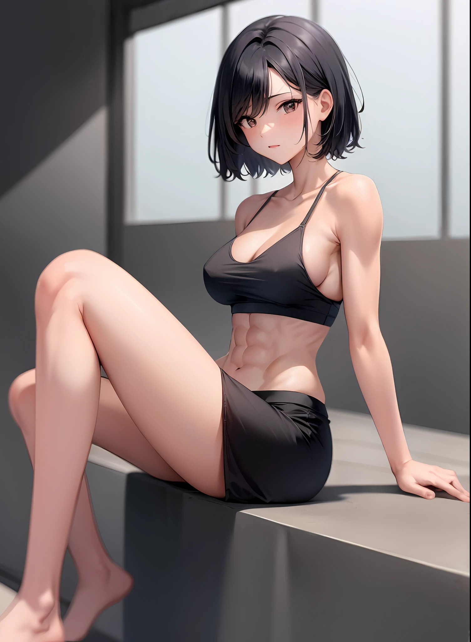 Short hair, Female abs, Sitting, Strong thighs, Black hair, Young breasts