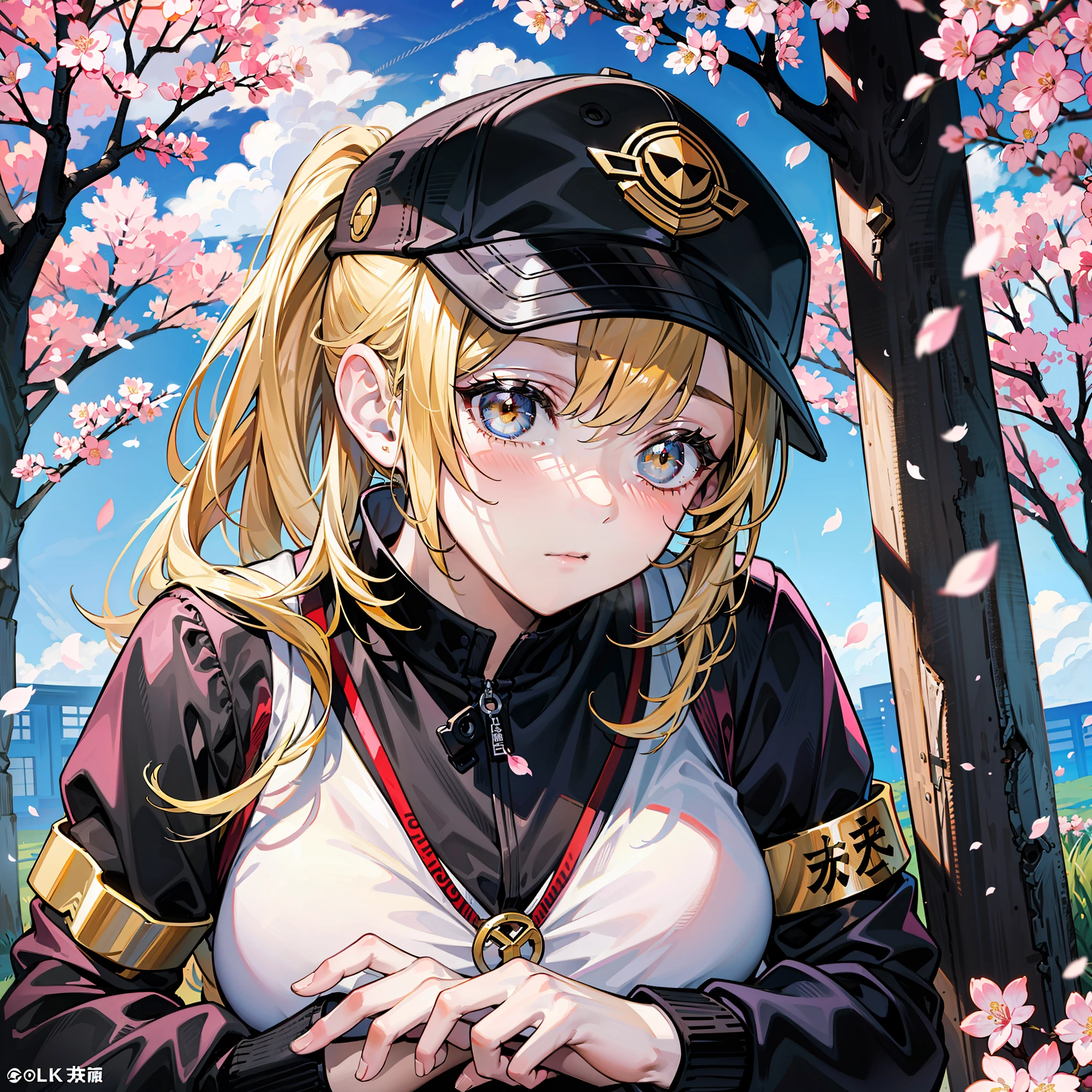 A high resolution，best qualtiy，the detail，8K quality，JK school uniform，Wear a cap，High ponytail，Golden hair，full bodyesbian，Sassy and heroic，Golden pupils，long whitr hair，athletic sneakers，Wear black stockings，slightly fat big breasts，Slender legs，Wear armbands，Under the cherry blossom trees，Japanese style，Tsundere，Wind Discipline Commissioner，B cup，Comics in hand，Beautiful girl for high school students