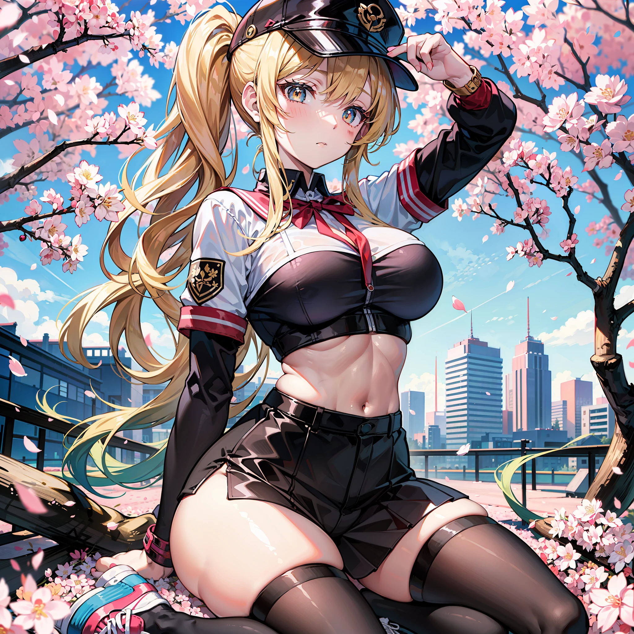 A high resolution,best qualtiy,the detail,8K quality,JK school uniform,Wear a cap,High ponytail,Golden hair,full bodyesbian,Sassy and heroic,Golden pupils,long whitr hair,athletic sneakers,Wear black stockings,slightly fat big breasts,Slender legs,Wear armbands,Under the cherry blossom trees,Japanese style,Tsundere,Wind Discipline Commissioner,B cup,Comics in hand,Beautiful girl for high school students