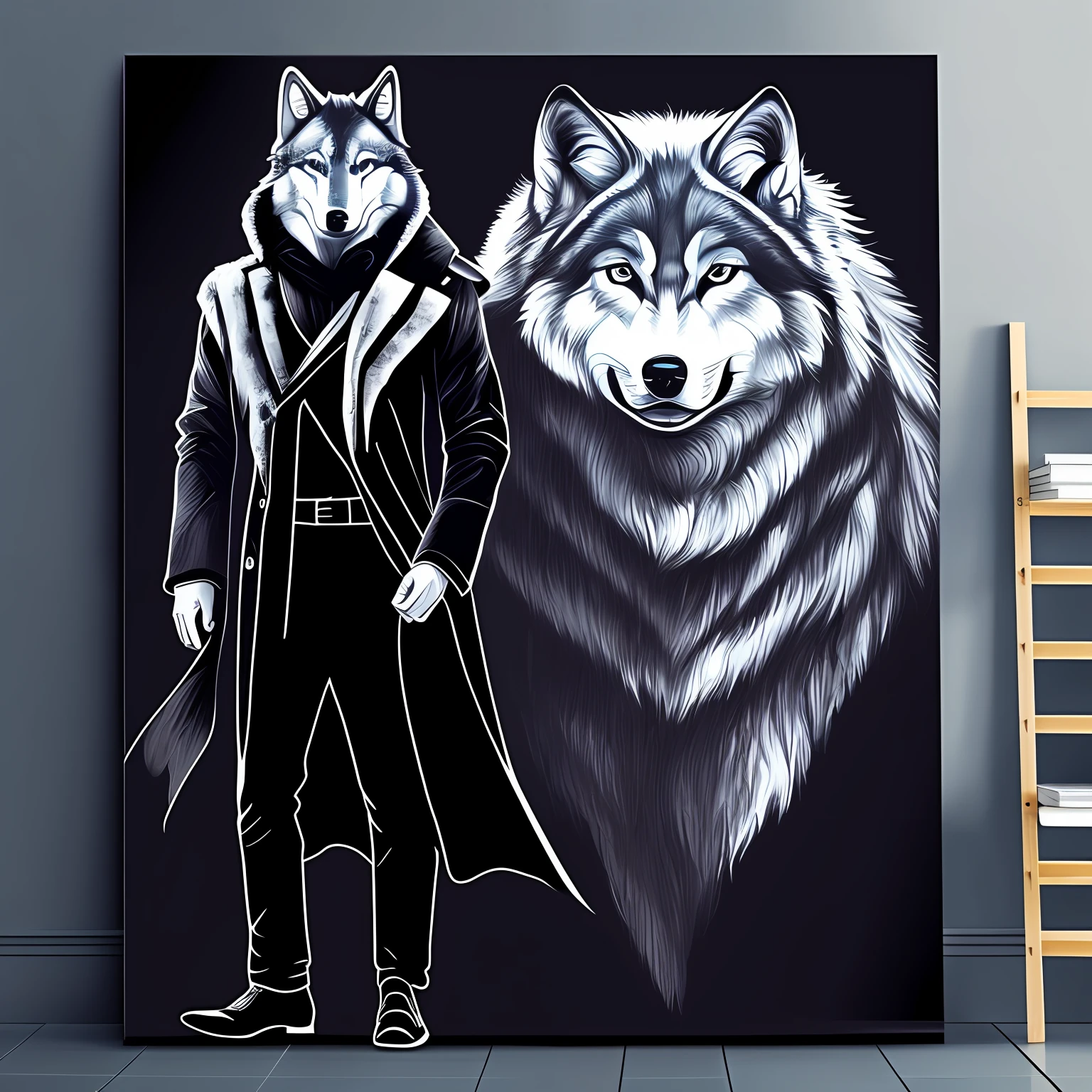 Modern black and white painting style,Wolf-headed man,Full body standing painting。