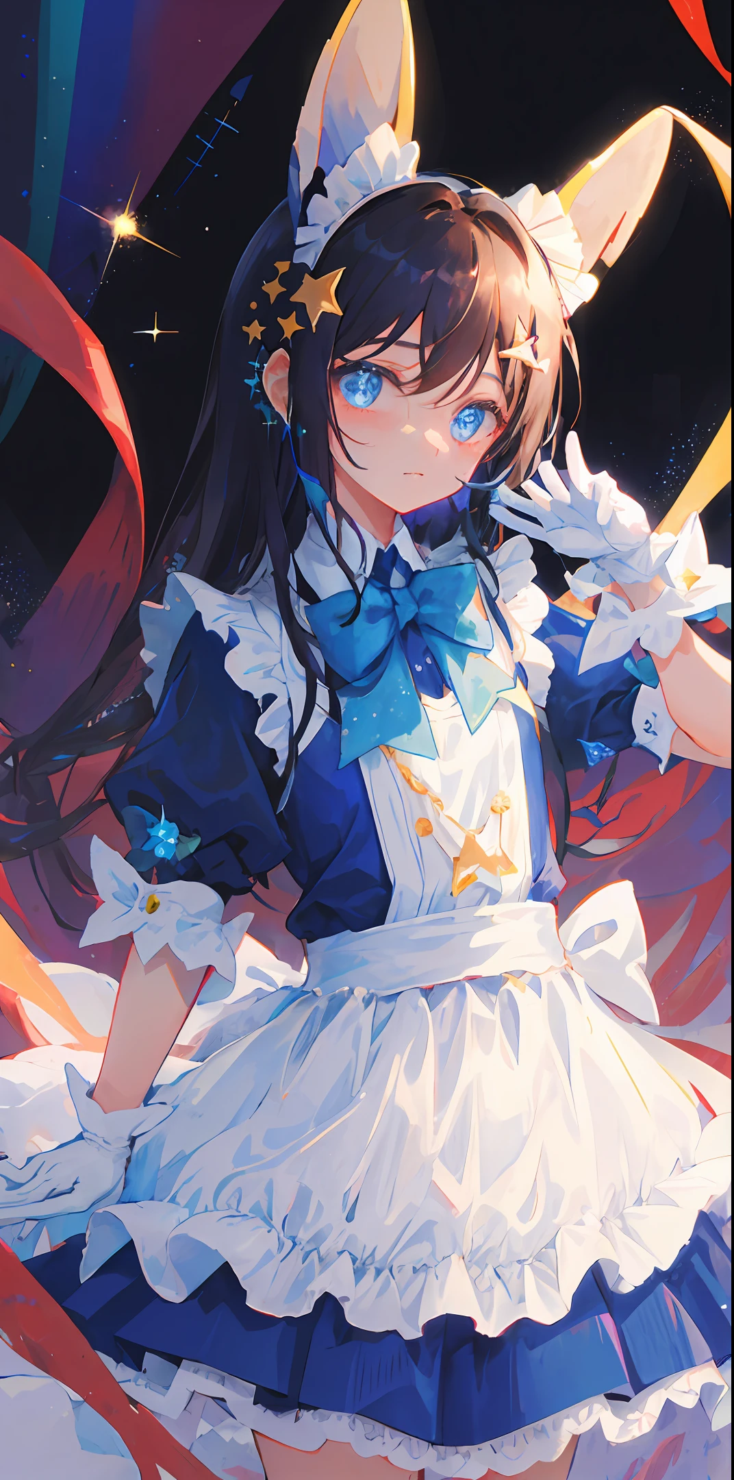 tmasterpiece,starrysky,Kizi,dark blue long hair,Inside rainbow colors,the maid outfit,white bow hair ornament,white long gloves,puff sleeves,Music,Sparkling,