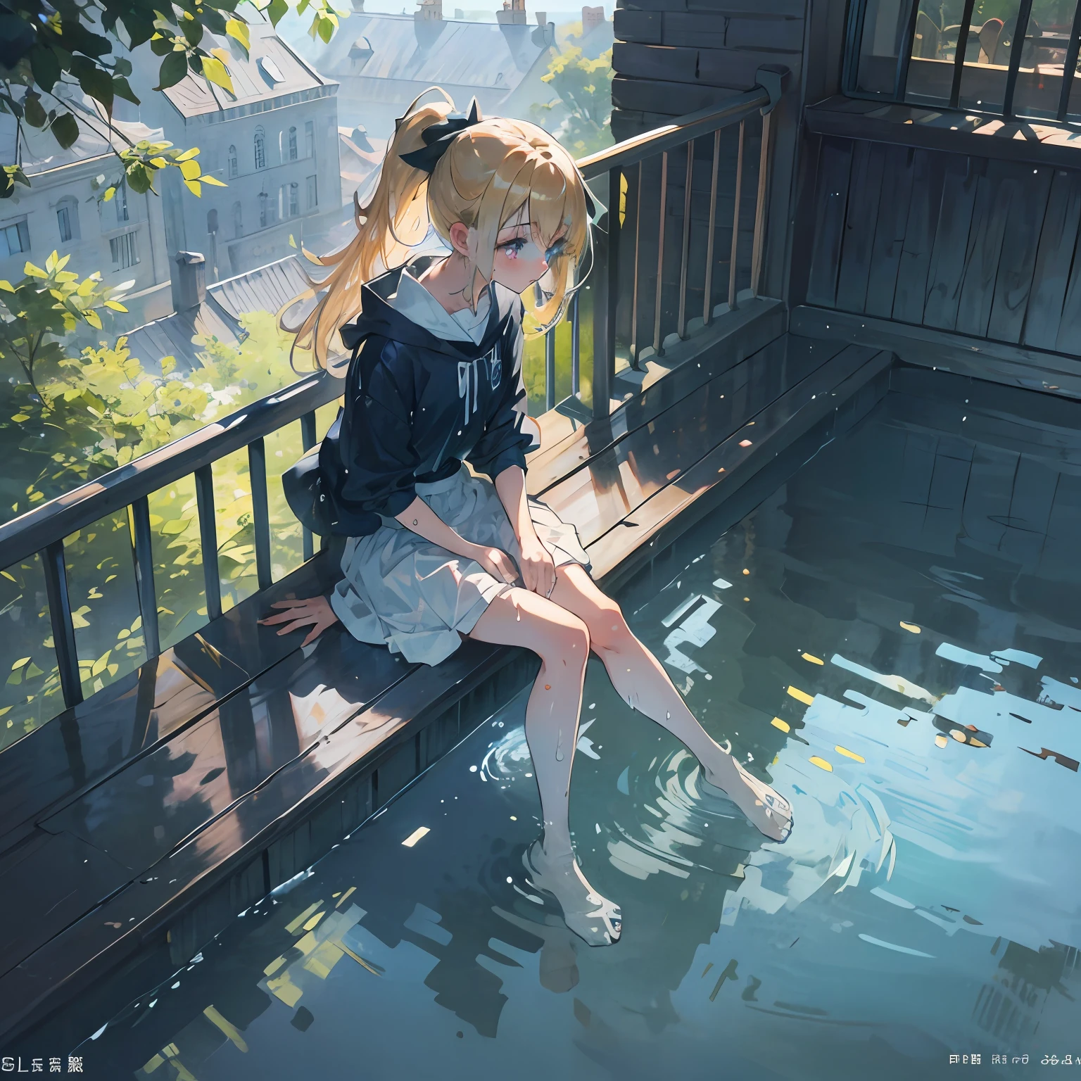 2D Beautiful Girl，tmasterpiece，Normal feet，Sit on the railing，Look down，blond hairbl，double-ponytail，Red and blue heterochromic eyes ，Get wet --auto