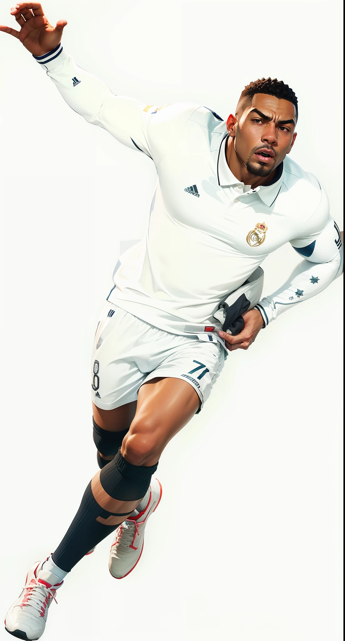 Change the clothes of the characters in the picture to a white football polo shirt,With Real Madrid elements