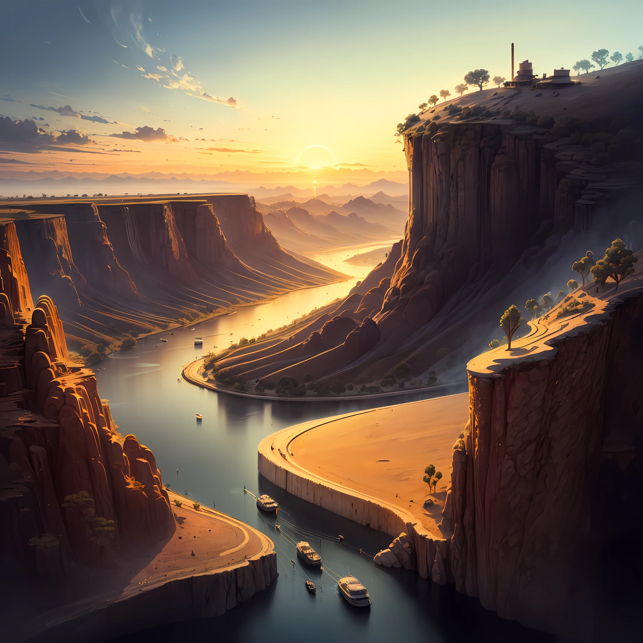 The lonely smoke in the desert is straight, and the long river is setting in the sun