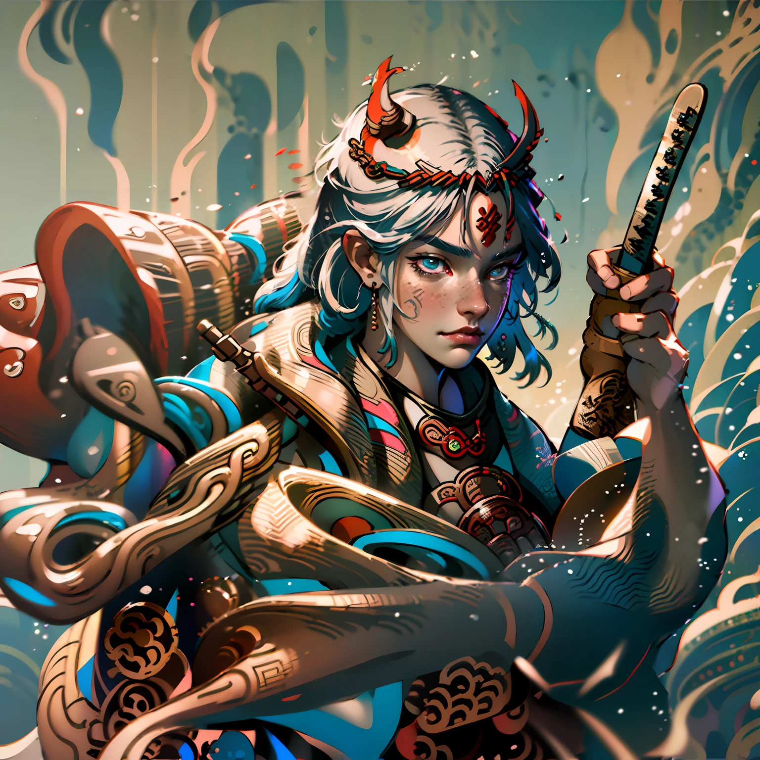 Lu Mingfei，Half-body dragonization，The upper part of the body，Evil smile，Dragon horns on the head，high high quality，masterpiece，Right palm flame，The left hand holds a katana，silber hair，Flame ruins in the background --auto