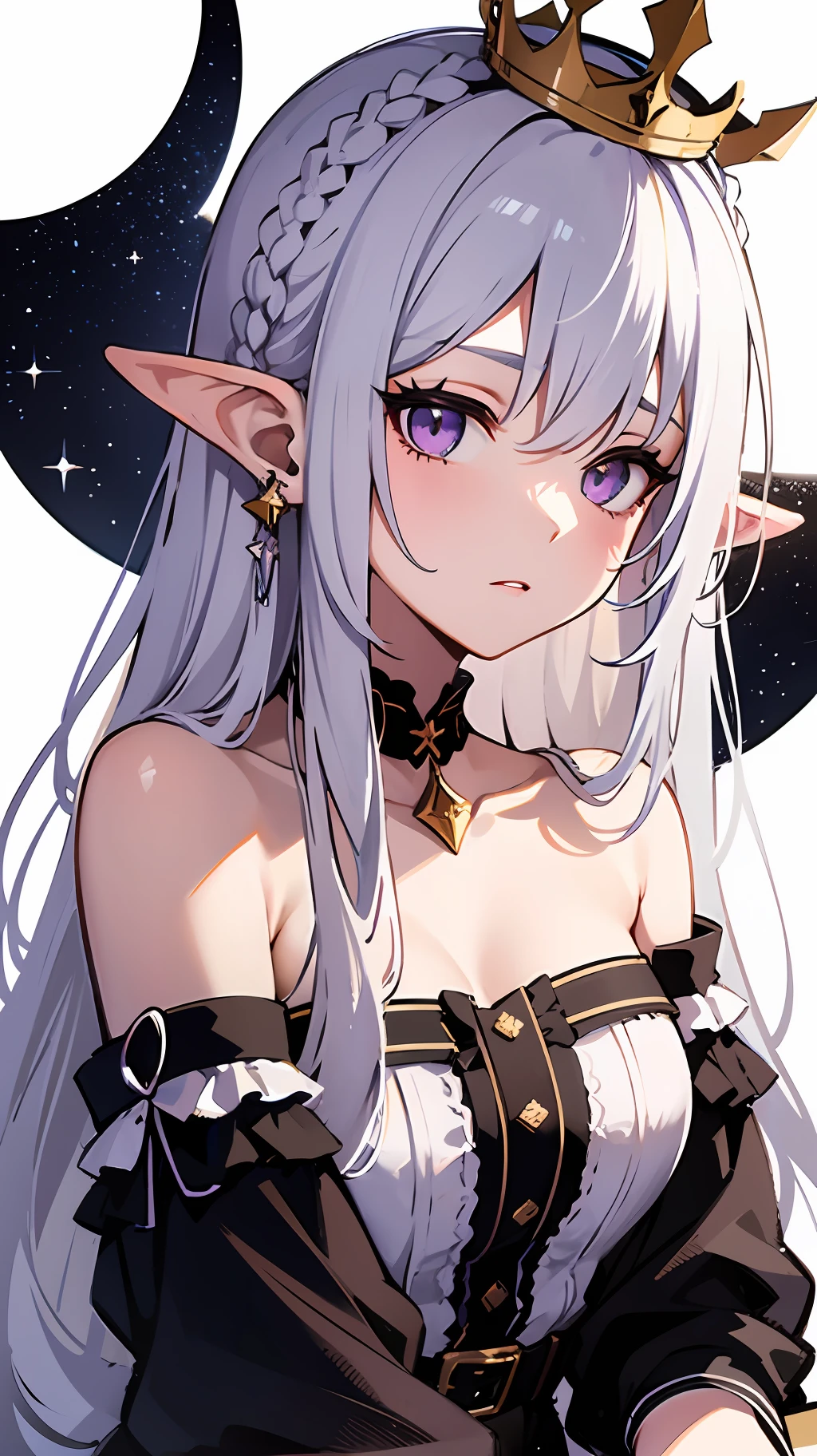 Best quality, highly detailed, masterpiece, ultra detailed, (reality: 1.2), 1 girl, (white background), simple background, delicate eyes, silver hair, purple eyes, hair_ornament, (white off-the-shoulder shirt: 1.3), long hair, pointy_ears, crown_braid, expressionless, straight hair, (++ sitting: 1.2), room,