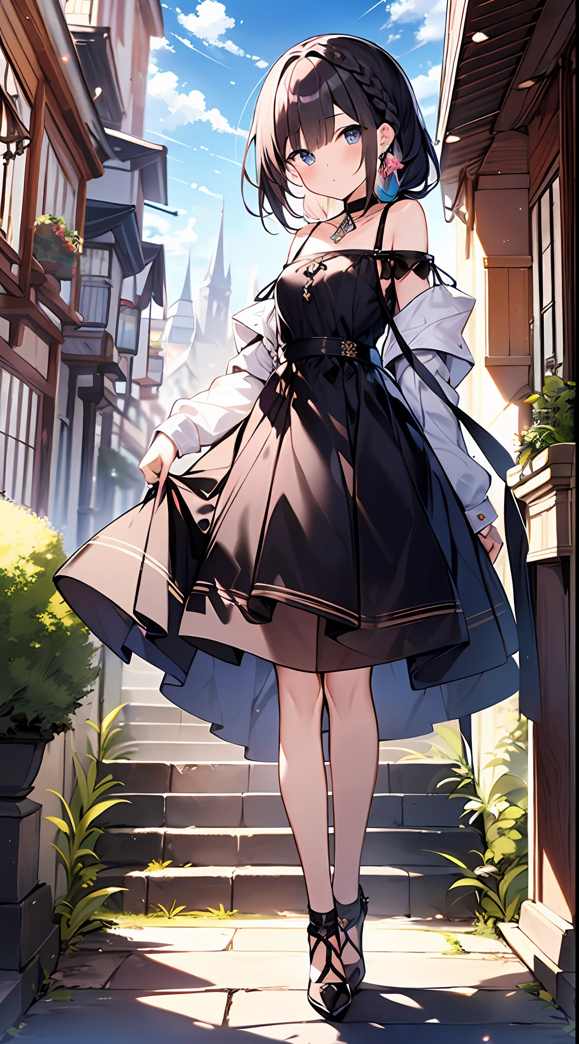 (incredibly absurdres absolutely resolution: 1.5), highest quality, masterpiece, ultra high resolution, 8k, (multiple girls), (gorgeous dresses with many gorgeous and colorful decorations) BREAK shoujo manga style, (li), soft line drawing, digital enhancement, shojo manga touch, environmental change scenes, shojo manga core, ( Hair length to the shoulders))), (((short braid))), ancient capital of the West, full body visible angle, entangle, beautiful and aesthetic: 1.5, High quality: 1.3