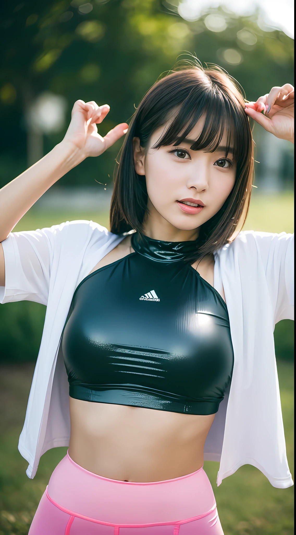 One woman and one short boy, a woman wearing sexy shiny workout gear is grabbed by the boy next to her breasts (woman wearing training gear wearing shiny crop top, best quality, high resolution, 8k, 1girl, (huge breasts :0.8), sun, bright,(glossy crop top:1.8,shiny clothes :1.8, high neck :1.5, tights), (bangs, medium hair), (upper body: 2.5) soft lighting, wind, shiny skin, looking at the viewer, seductive expression), a boy grabbing the breasts of a beautiful woman next to him with his hands (T-shirt, shorts, grabbing a woman's breasts with his hands)