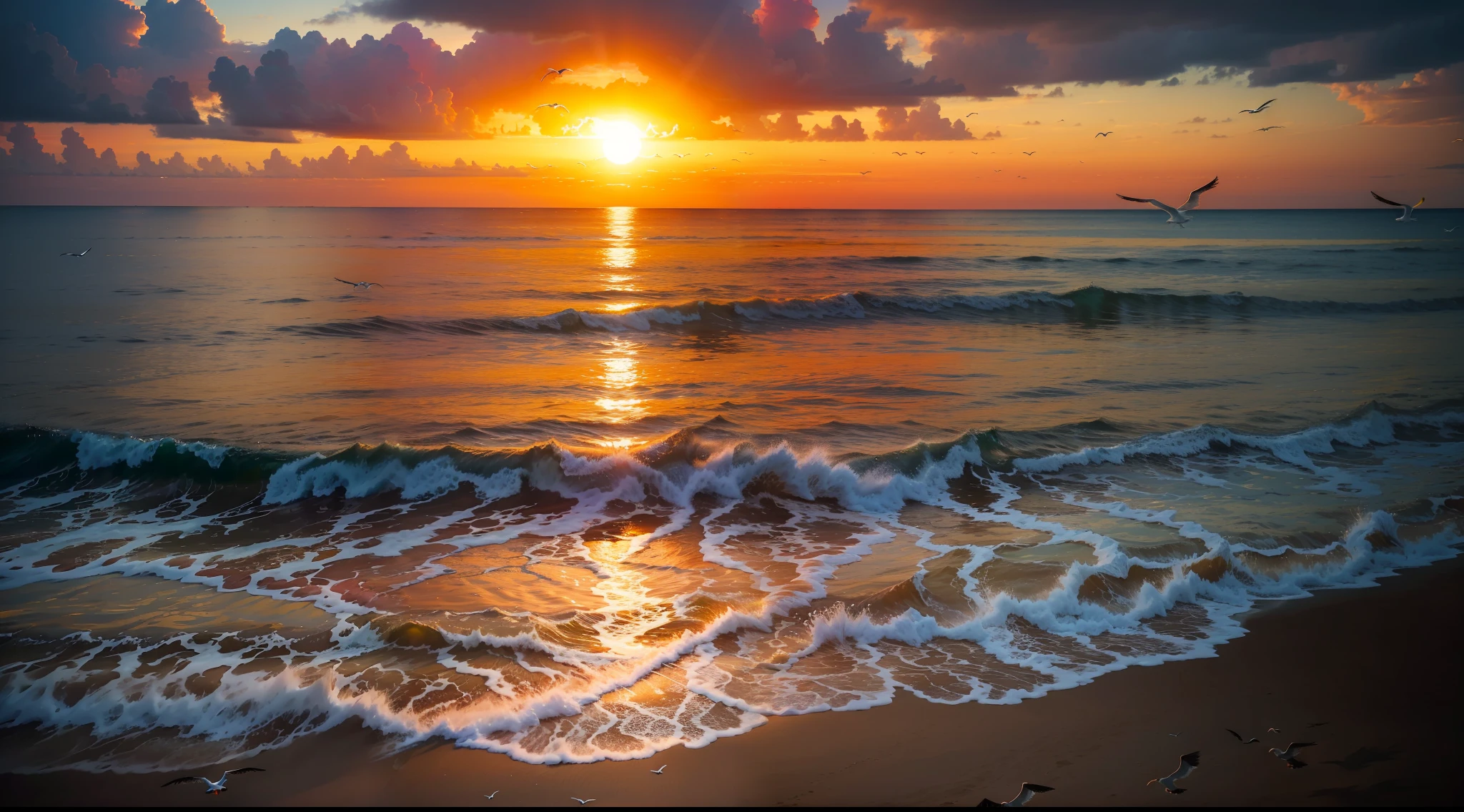 An absolutely mesmerizing sunset on the beach, with a mix of orange, pink, and yellow in the sky. The water is crystal clear, gently kisses the coast, and the white sand is endless. The scene is dynamic and breathtaking, with seagulls soaring high in the sky and palm trees swaying softly. Immerse yourself in the calm atmosphere and let the serenity surround you.