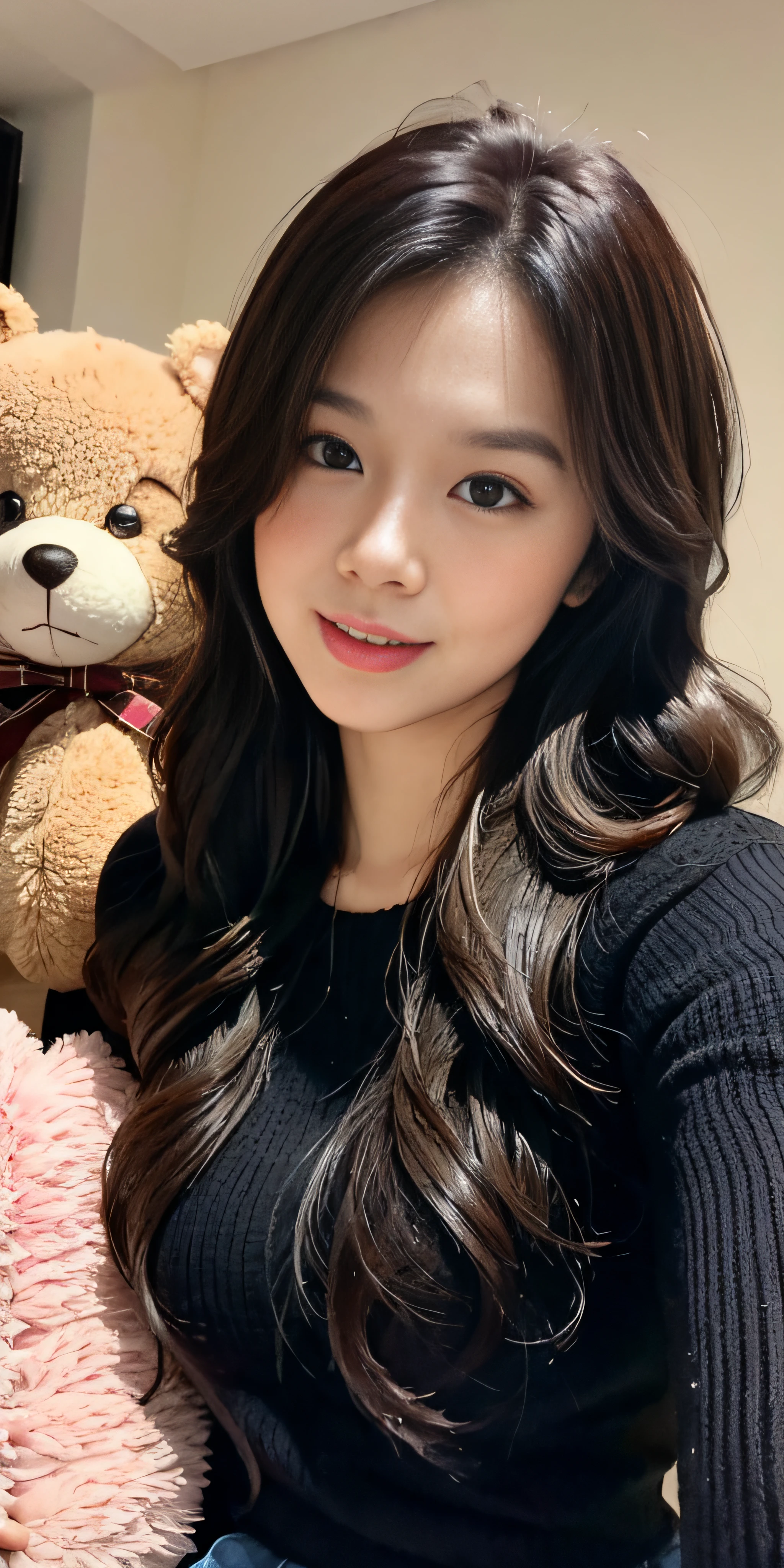 1girl walking on the river, mix4, sweater, pillow, lips, open_mouth, realistic, photo_\(medium\), solo, stuffed_animal, stuffed_toy, teddy_bear,(masterpiece),(photorealistic:1.3), ultra-detailed, (high detailed skin:1.2),(best quality:1.0), (ultra highres:1.0), (ulzzang-6500:0.3), wavy detailed hair, long hair, sunshine, (beautiful detailed makeup), (sexually aroused blushing heavy breathing:1.0), floral theme flower petals scattered, (soft glow bloom:0.5)