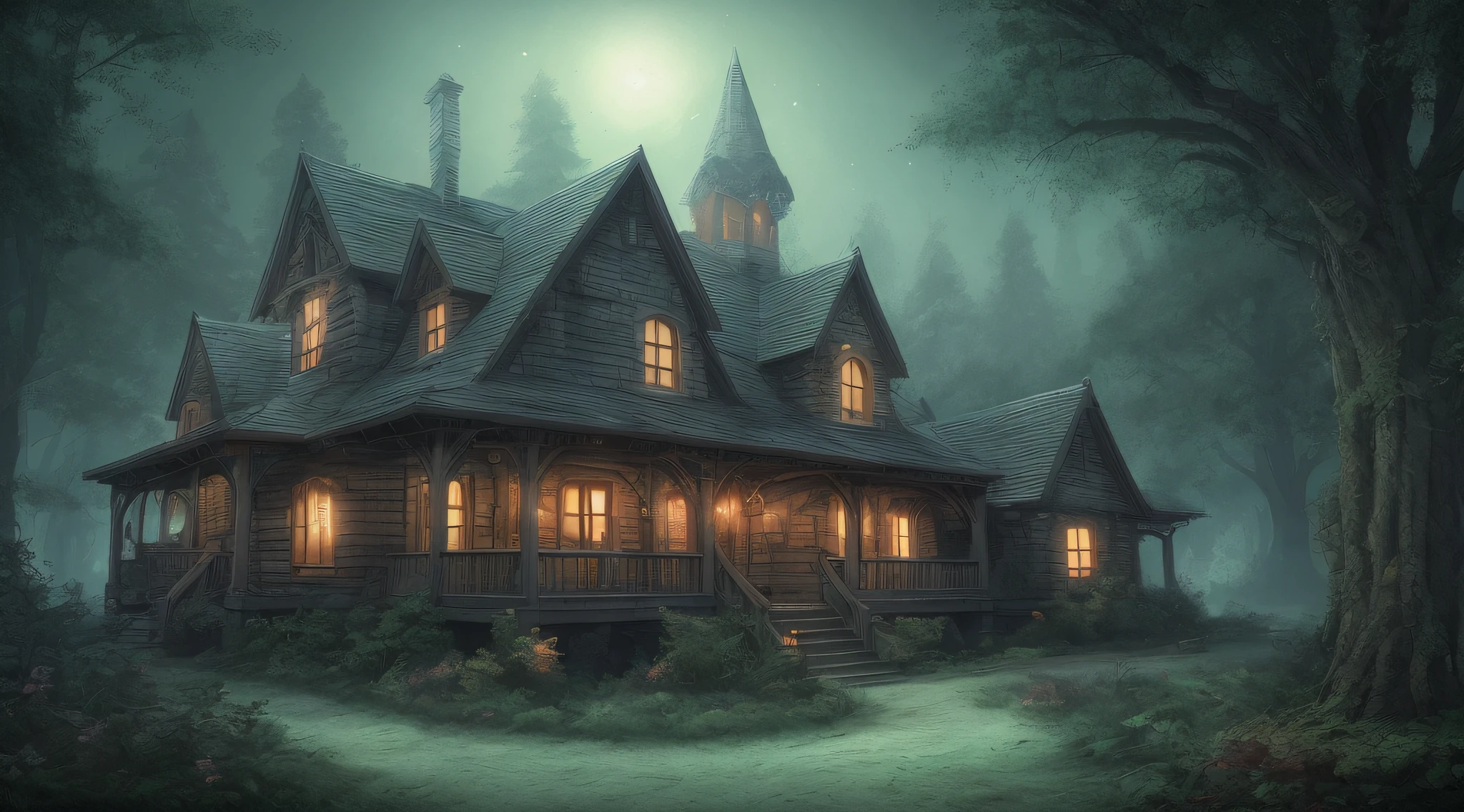 The Whispering Manor, Mystical atmosphere, Juicy colors, Cold gamma, Contrast, 3d, HDR, tmasterpiece, 4k, tultra-detail, 真实感