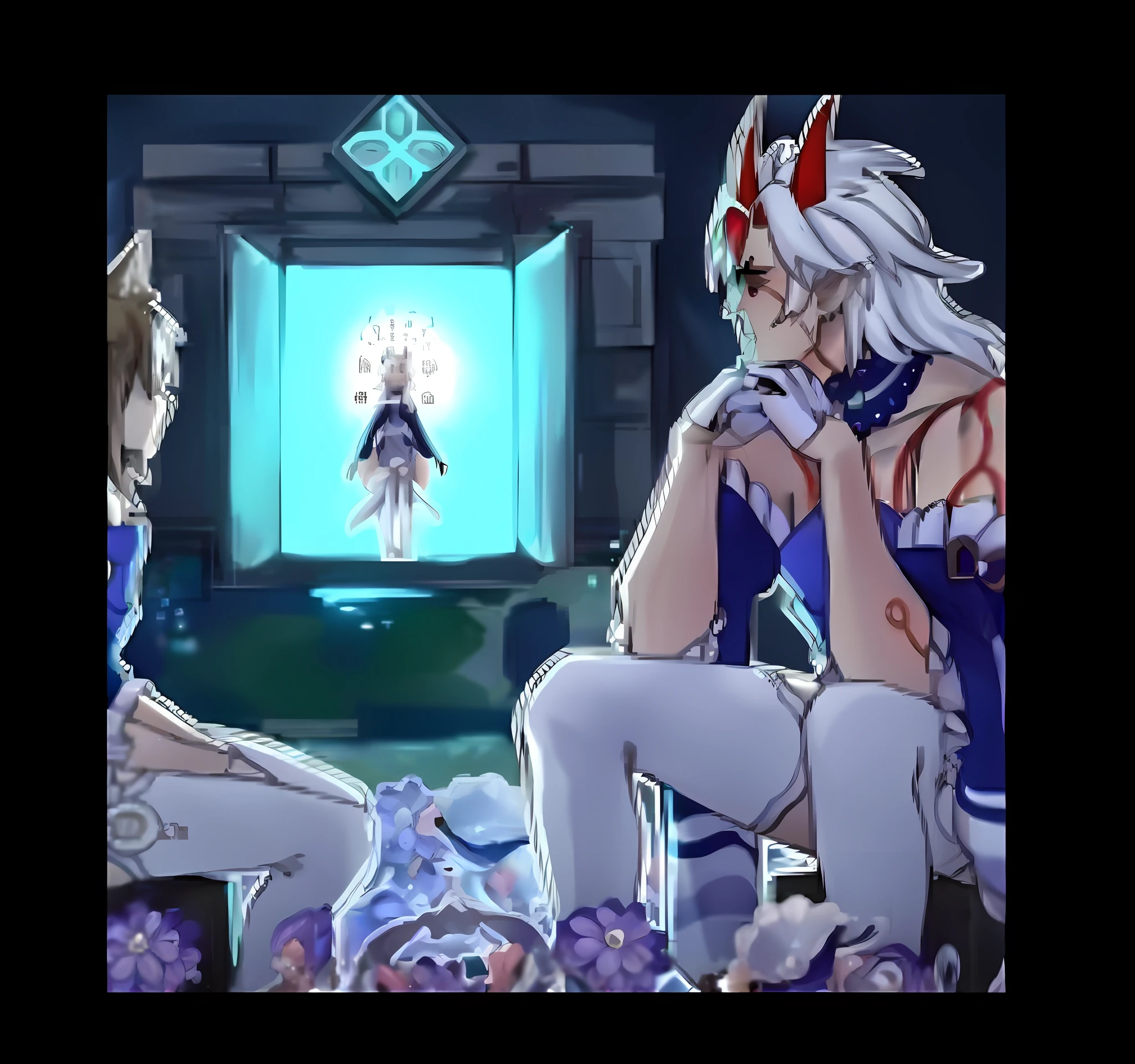 Anime characters sitting in front of a TV screen，And a woman in a dress, granblue fantasy, Chiba Yuda, onmyoji, cinematics, ahri, screenshot from the anime film, fata morgana giant mirrors, Touhou, from touhou, A scene from the《the original god》videogame, cutscene footage