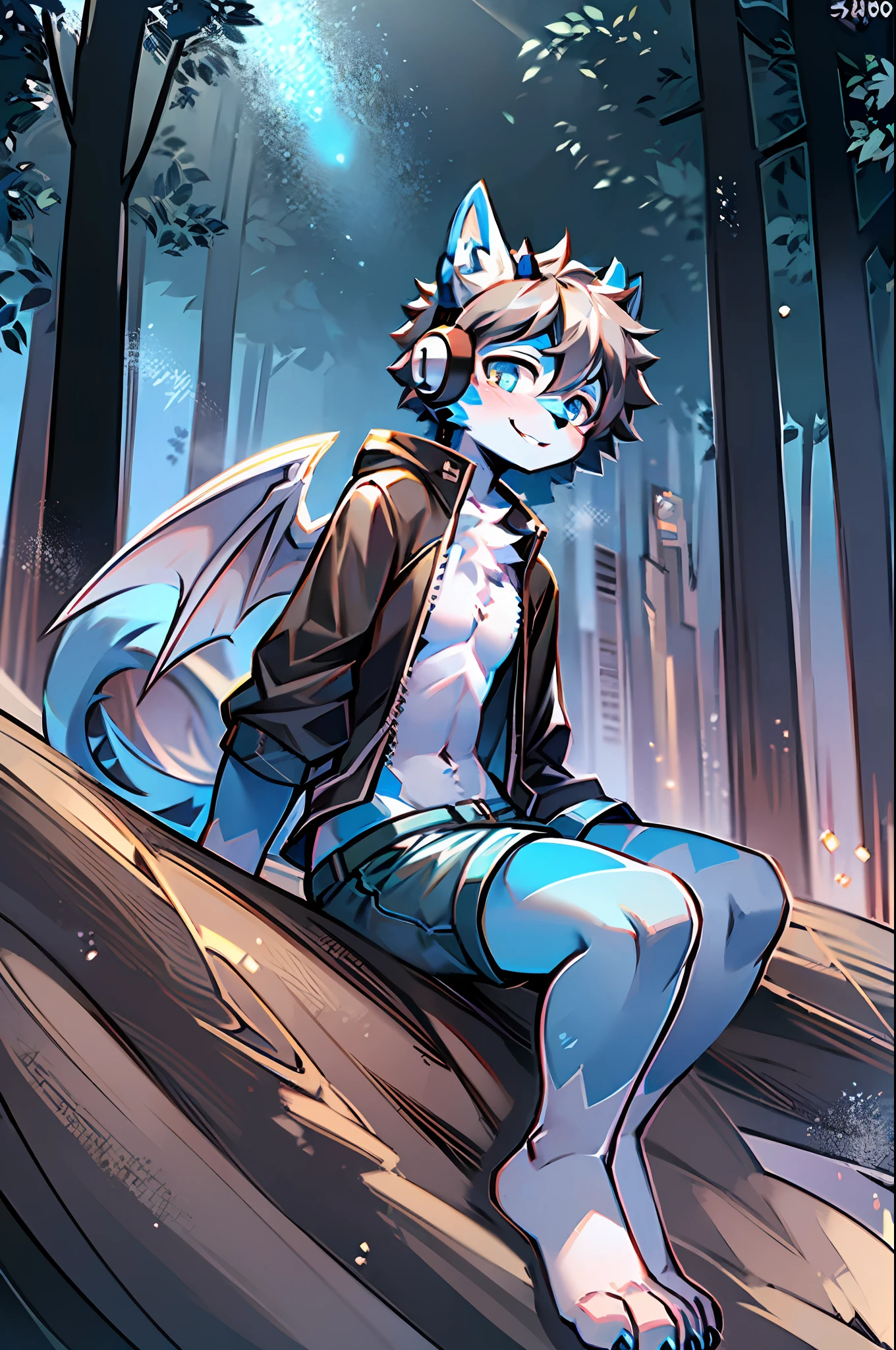 eyes with brightness, in a panoramic view，Character focus，Full body like，独奏,solo person， Correct human anatomy。male people，Furry male wolf（Dragon and wolf combined），eyes blue，Blue skin，A pair of dragon wings, Gray hair(The long），Wear white ear headphones，There is a pair on the forehead（Little big breasts柄）Blue horn fluorescence，In the forest，the night，starrysky，On a cliff，Take control of the magic，Ice floating all around，White down jacket，grey shorts，Sports socks，Looking at the night sky，ssmile，DOA，Young style，height of one meter seven，Handsome， There is a wolf tail，k hd，8K，1440*2048