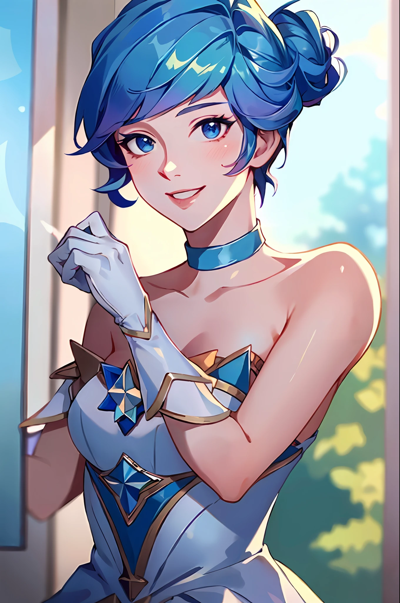 (Masterpiece:1.4), (best quality:1.2), star guardian orianna, blue hair, hair bun, ballerina, short dress, white gloves, smile, upper body, potrait