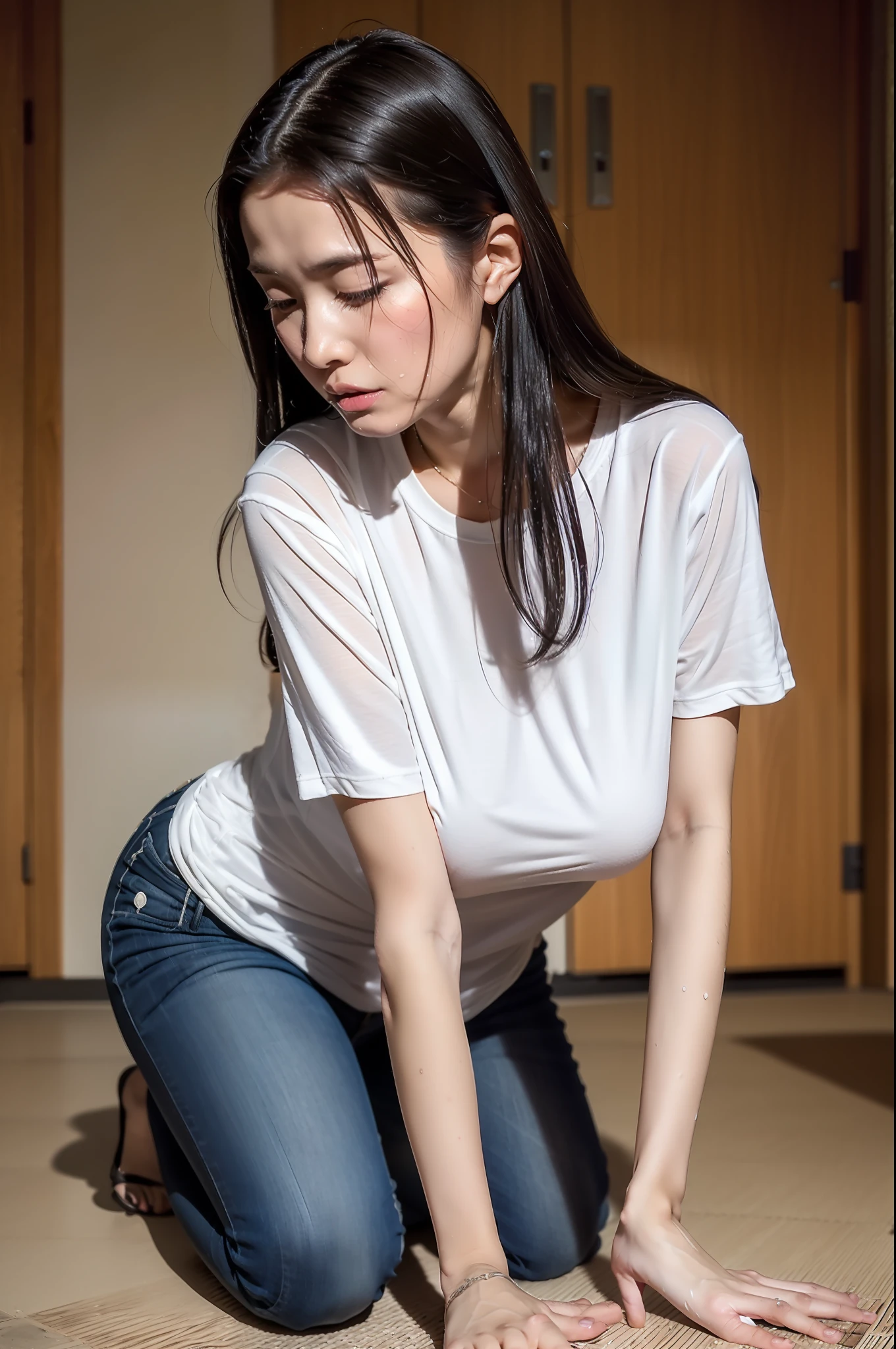 best qualtiy、a masterpiece of、超A high resolution、(Photorealsitic:1.4)、1 Most Beautiful  Woman in Japan、The ultra -The high-definition、Obscene mother、Obscene look、Indecent breastts that ut to spill out、Fluffy white T-shirt、jeans、Soft milk、Obscene legs、Maternal body、Obscene big breasts、hair wet、Tecateca skin with oil、Filled with the smell of a scalpel、Crouching down and mopping the floor、Rear view