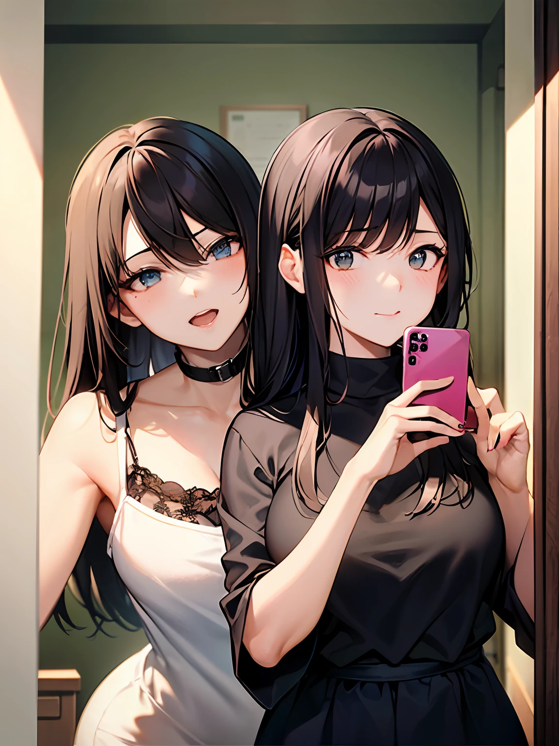 They are two people who take a selfie in front of the mirror, The boy on the left looks at the girl on the right,Girl holding cell phone in her hand