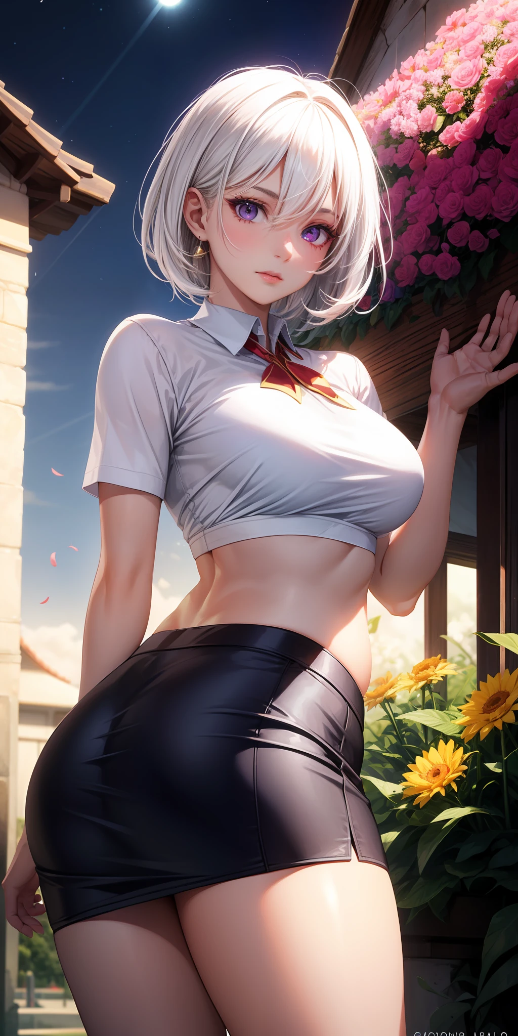 realisticlying，1girl，White hair，Purple eye，glowing light eyes，Cut the top，a skirt，parted lip，Be red in the face，the night，fresh flowers，suns，rays of sunshine，Raised sexy，Milk fat buttocks，