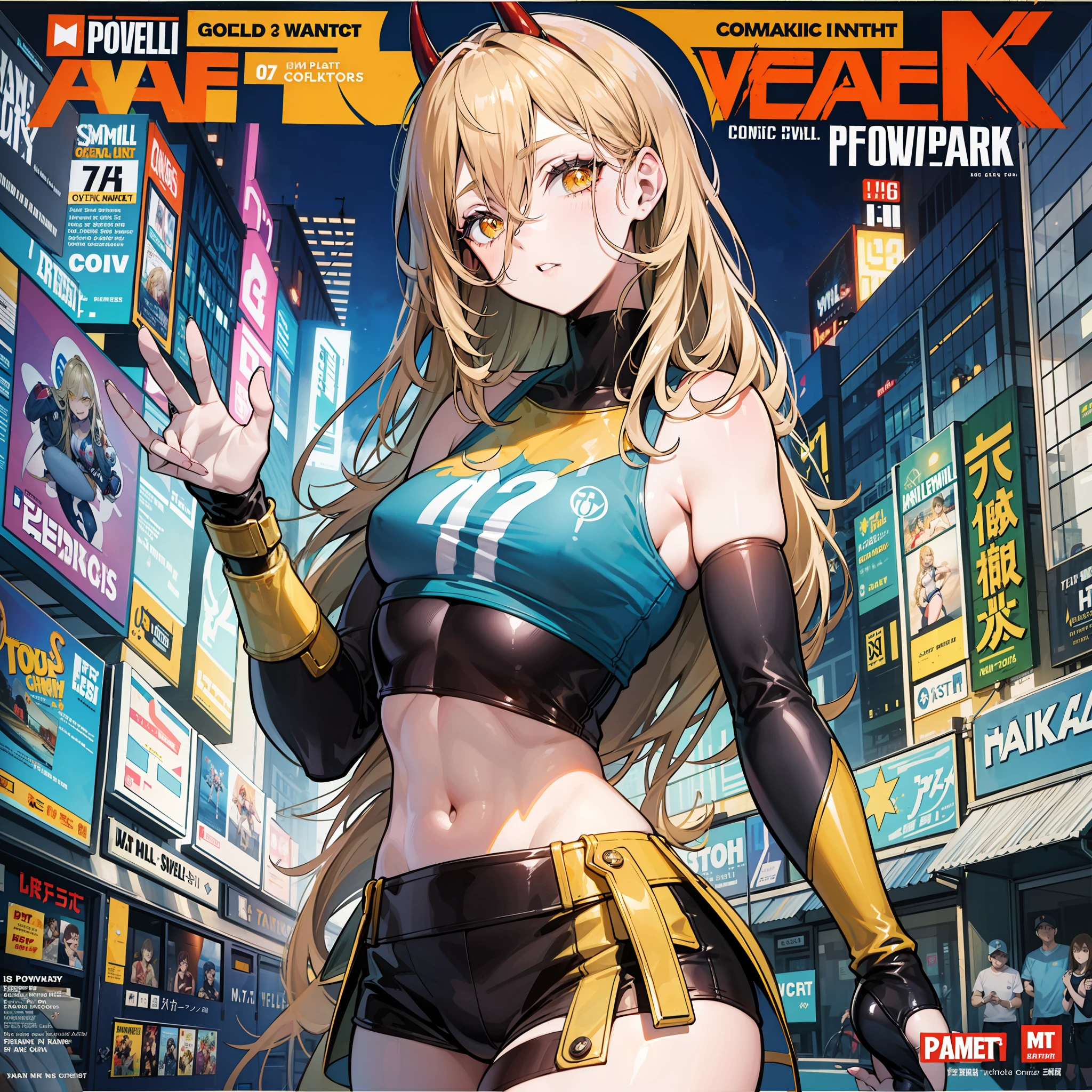 power,Comic cover style,Comic title,Golden pupils,Fleshy thighs,Tall figure,Get fit,Ocean park,Simetall,Cool attire