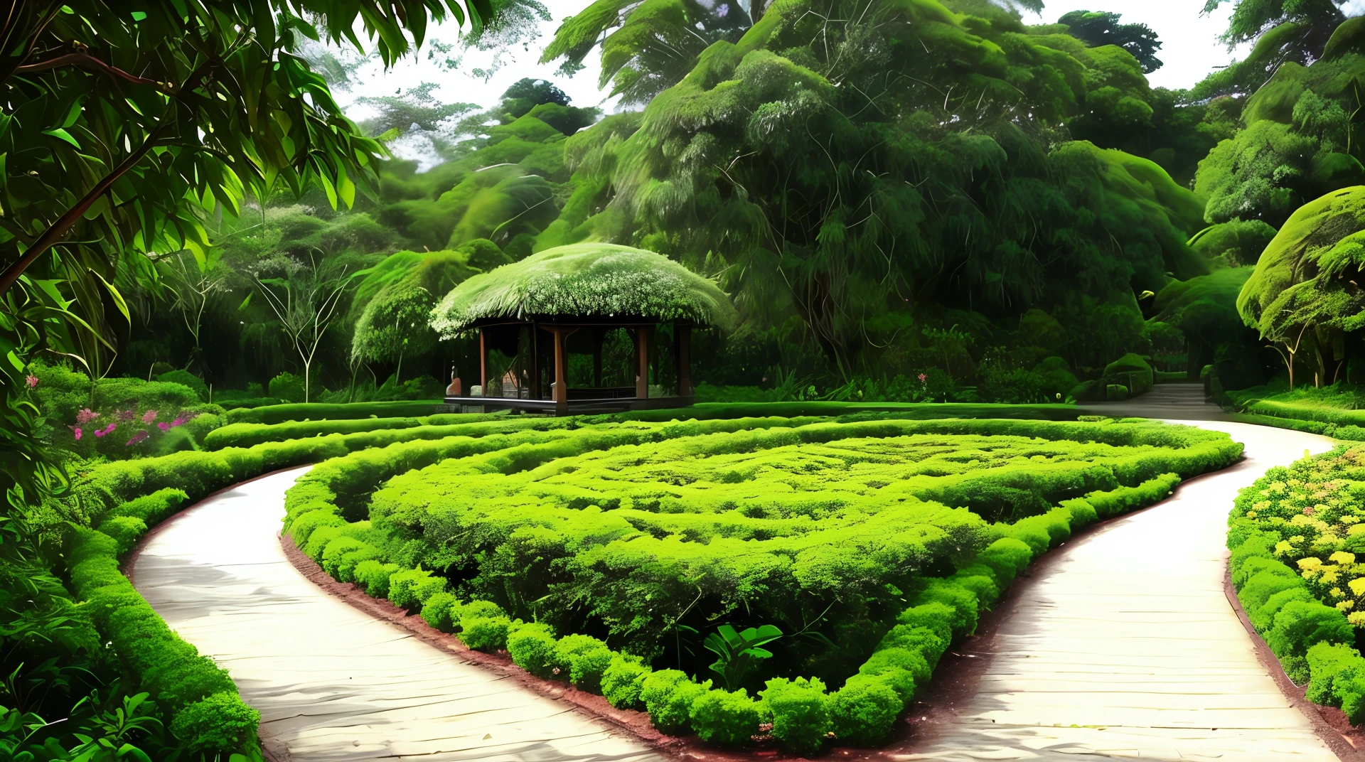 there is a path that leads to a garden with flowers, a picture by Simon Gaon, flickr, process art, blossoming path to heaven, assam tea garden setting, background: assam tea garden, lush trees and flowers, assam tea garden background, amidst of nature fully covered, pathway, natural botanical gardens, assam tea village background, shot on nikon z9, visually pleasing