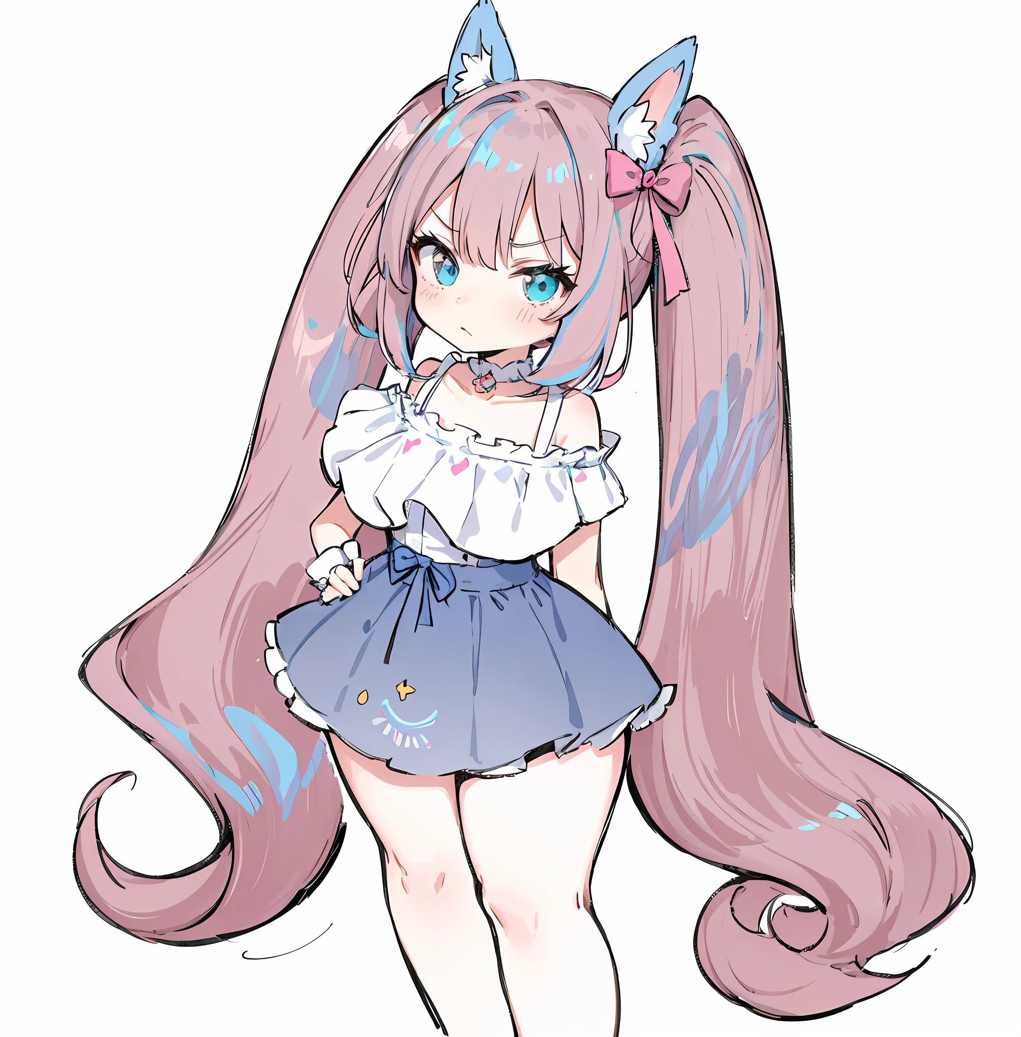 Cartoon drawing of a girl with long hair and a bow, small curvaceous loli, pink twintail hair and cyan eyes, double tails, loli in dress, Anime moe art style, Mihoyo art style, holograph, ribbon in her hair, by Kamagurka, Loli skin is more radiant,The expression was slightly angry,Left leg strangled white silk over-the-knee socks,Pink leg ring on the right leg,Enlarged chest,Clothes are more transparent