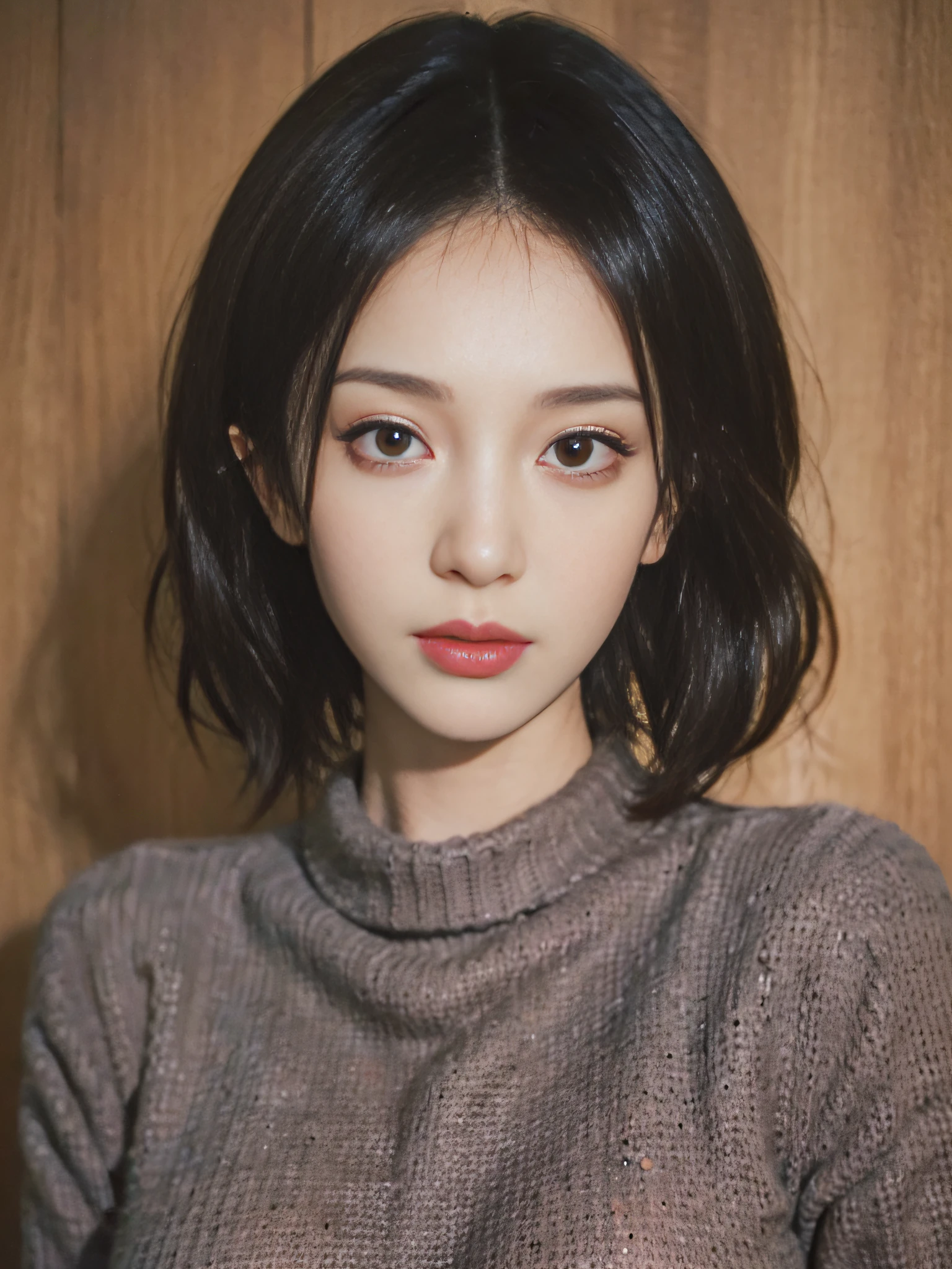 (masterpiece:1.3), (8k, photorealistic, RAW photo, best quality: 1.4), (1girl), beautiful face, (realistic face), (black hair, short hair:1.3), beautiful hairstyle, realistic eyes, beautiful detailed eyes, (realistic skin), beautiful skin, (sweater), absurdres, attractive, ultra high res, ultra realistic, highly detailed, golden ratio