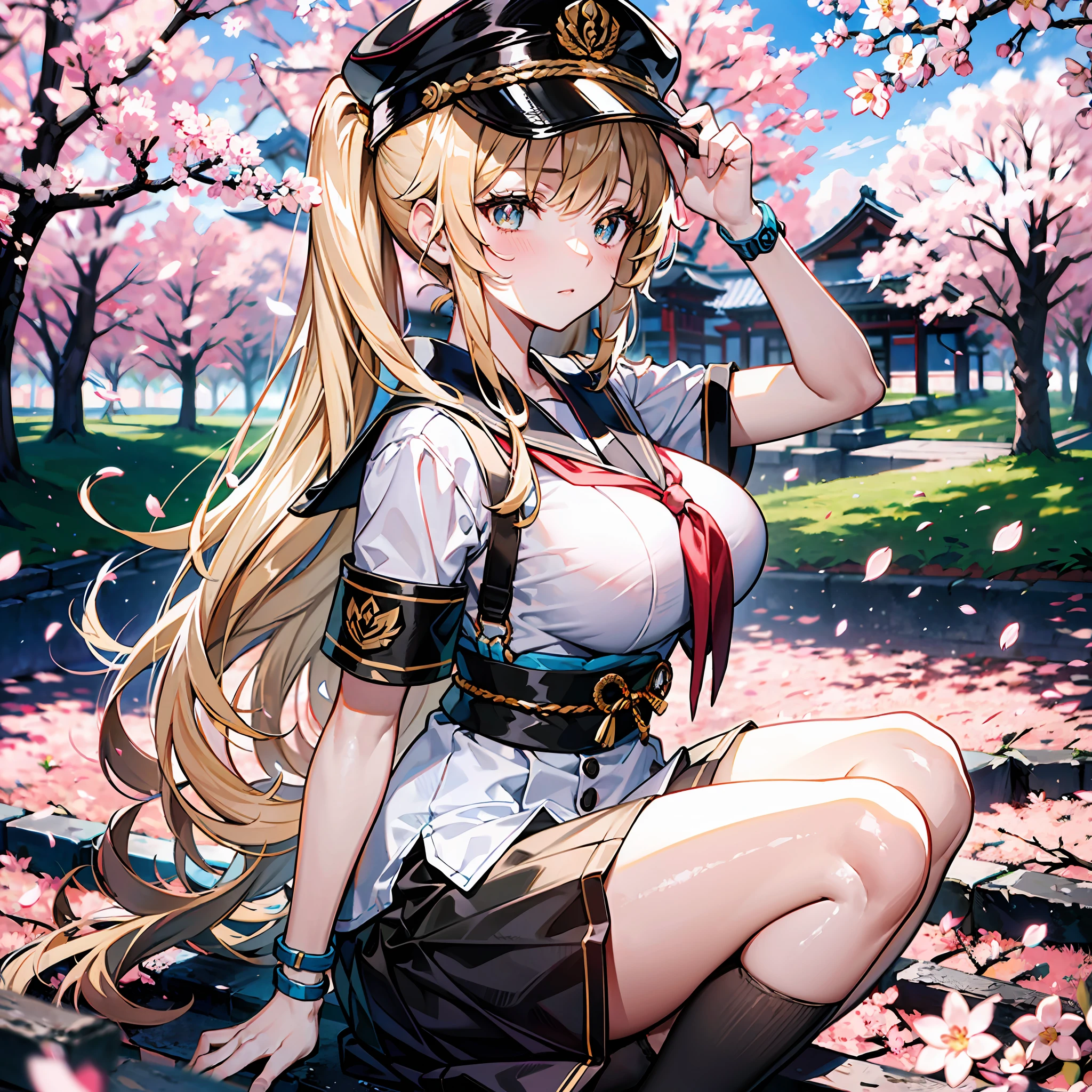 A high resolution,best qualtiy,the detail,8K quality,JK school uniform,Wear a cap,High ponytail,Golden hair,Full body photo,Sassy and heroic,Golden pupils,long whitr hair,athletic sneakers,Wear black stockings,slightly fat big breasts,Slender legs,Wear armbands,Under the cherry blossom trees,Japanese style,Tsundere,Wind Discipline Commissioner,B cup,Holding a kou manga,Royal sister,Ice clear and jade,Beautiful girl for high school students