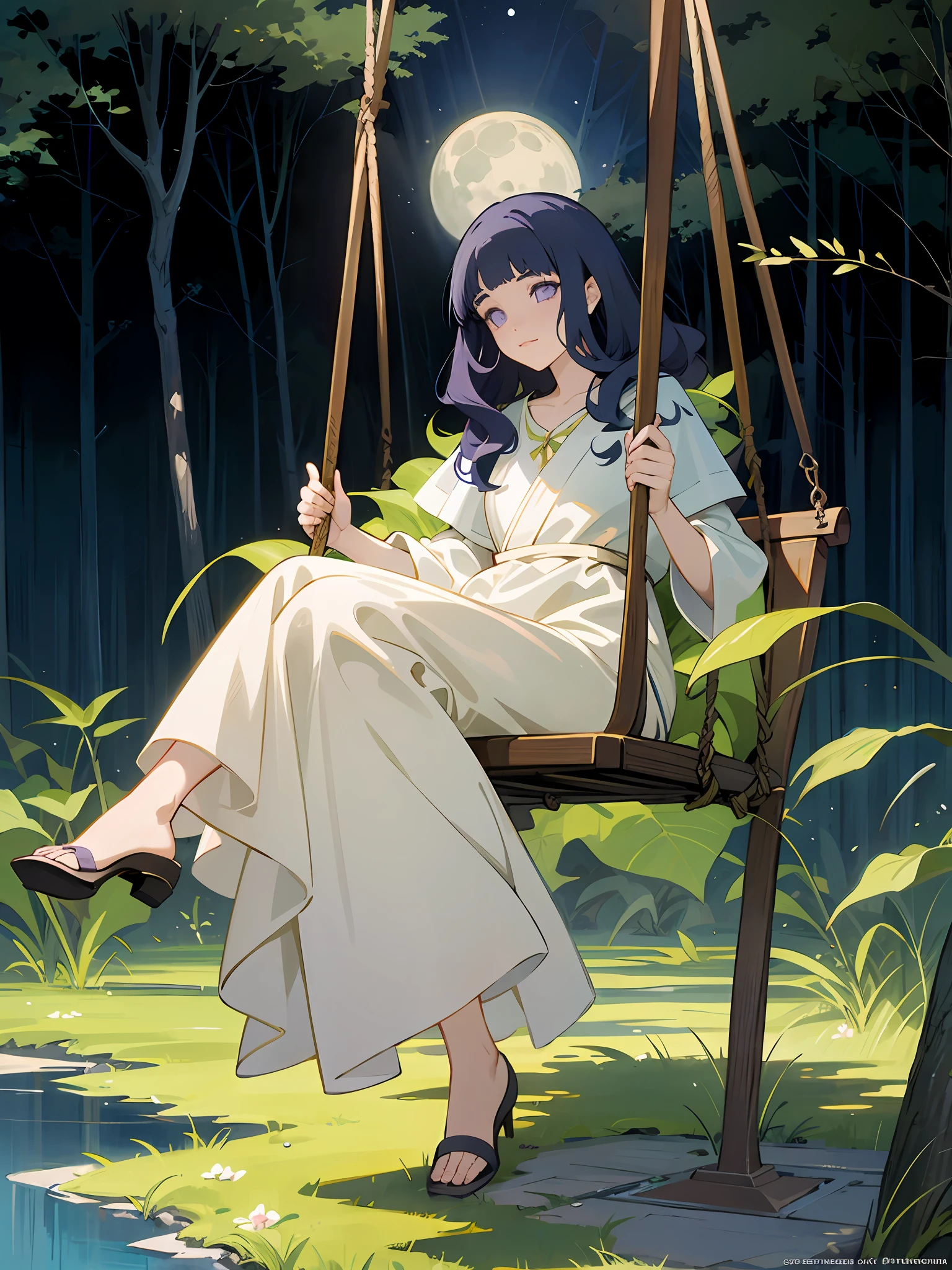 there is a woman sitting on a swing in the woods, anime fantasy illustration, goddess of the forest, galadriel, in the art style of bowater, fairy-tale illustration style, fantasy art style, goddess of the moon, goddess of nature, alphonse mucha and rossdraws, official art, fey queen of the summer forest, ethereal anime, blunt bangs, dark blue hair, purple eyes, long hair, wavy hair