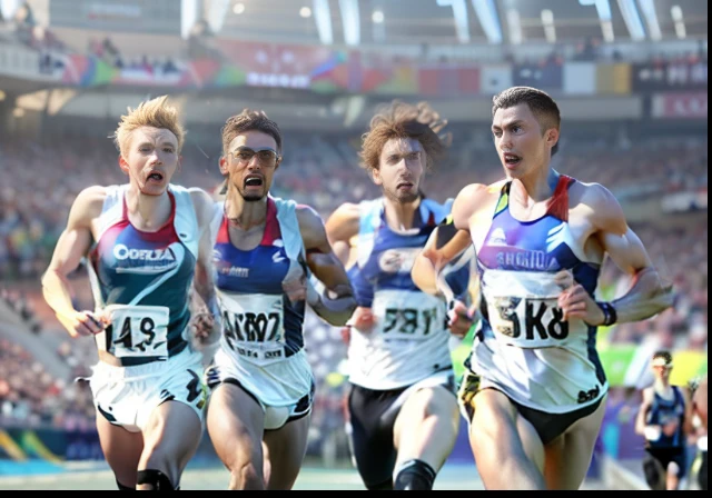 Men running competition – show the correct numbers on the shirt – mans sport – middle distance running – Olympic games final – Men have short hair – no feminine features in this picture - --auto