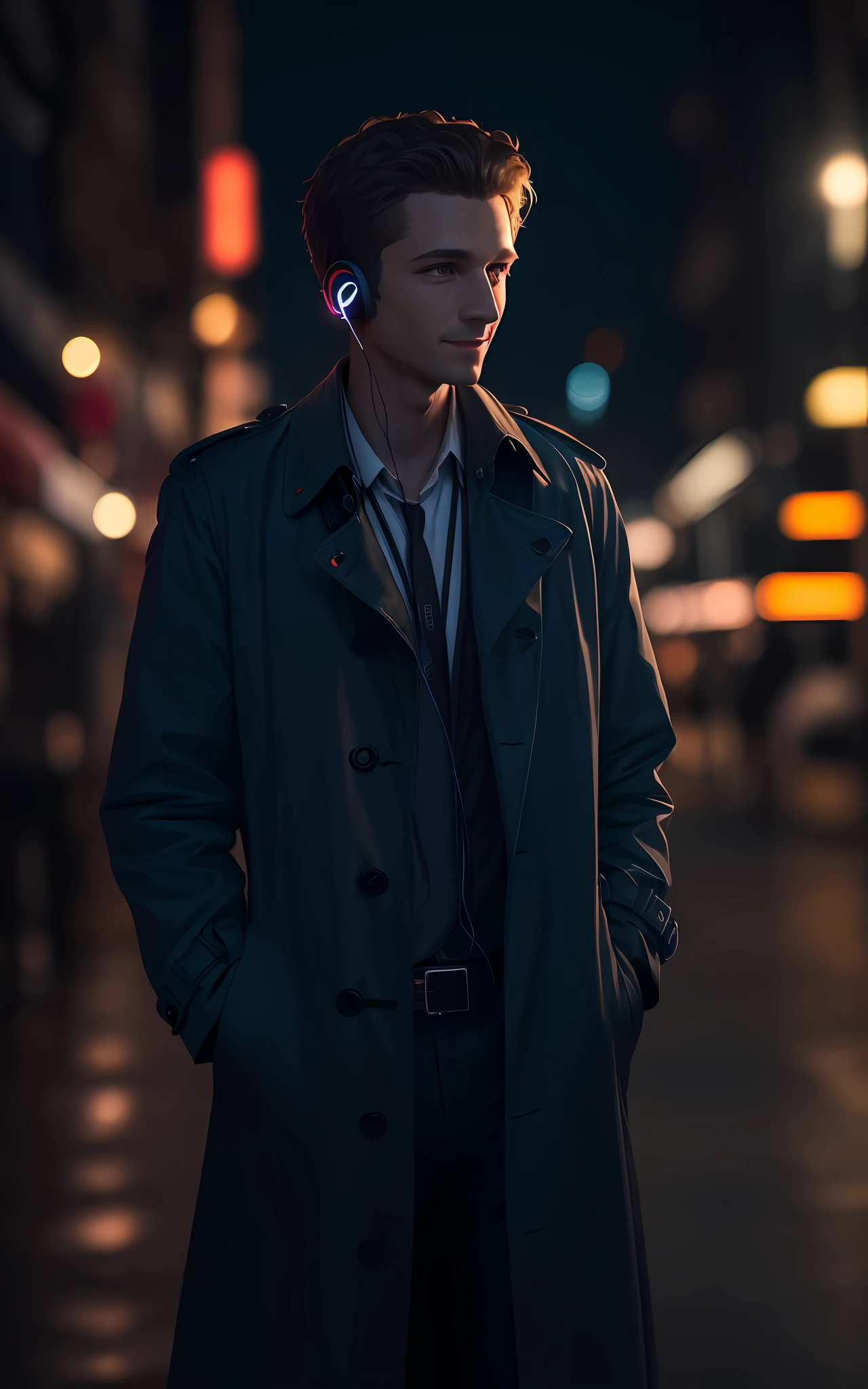 1 man，brunette color hair, Dark blue eyes，white skinned，sideface，Bluetooth headset, Moles under eyes，long eyelasher, light laughter，Stand up，full bodyesbian，a black trench coat，Lonely,Chiaroscuro, 8K, Super detail，Open background ，nighttime scene，Neon lights，Background bokeh，frigidity
