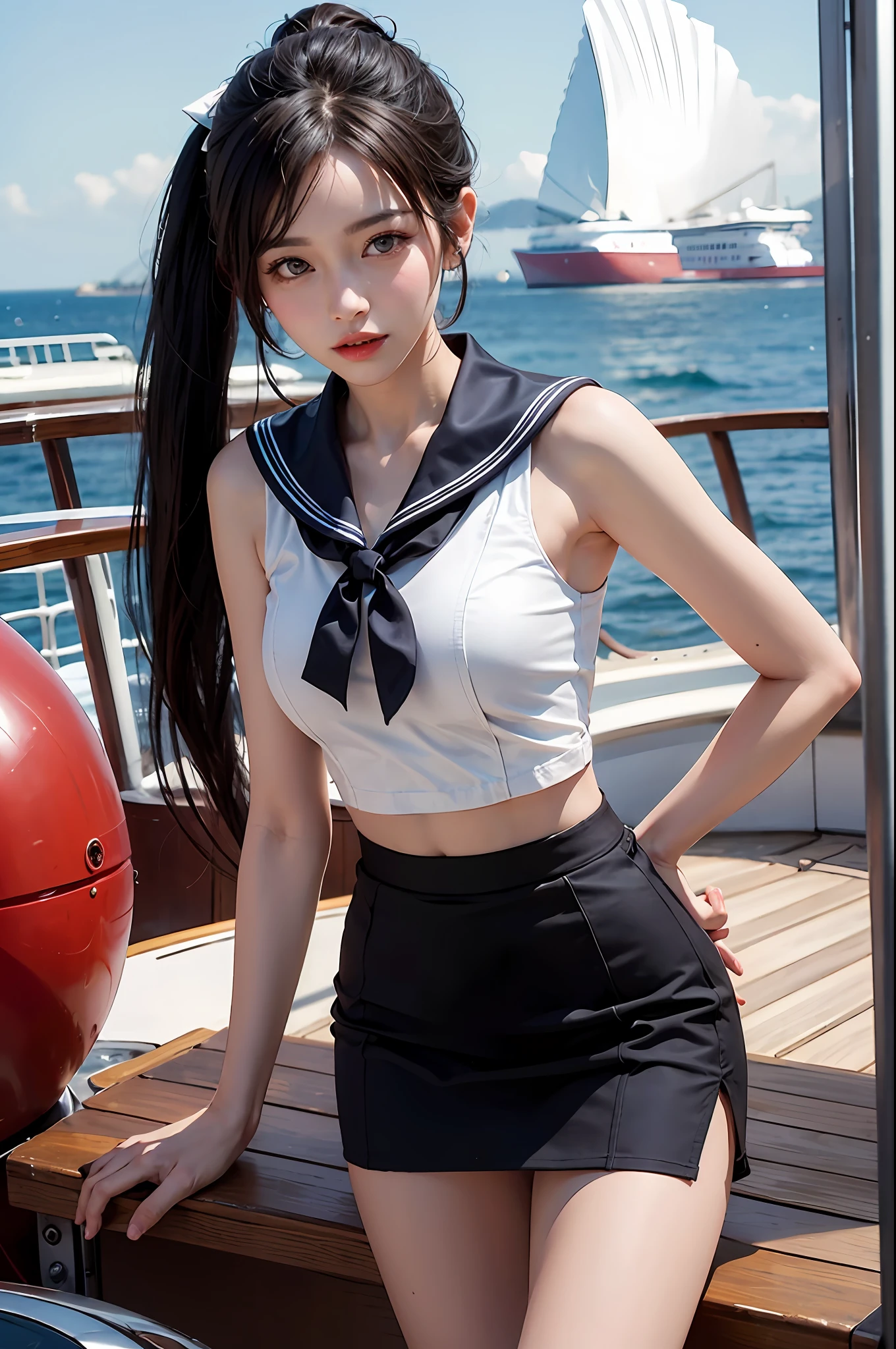 On the deck of a luxury cruise ship，mast，buoy，Pose for photos in loose sailor suits and short skirts，Slim girl model，ff Tifa，24 years old female model，double-ponytail，Unilateral bangs，