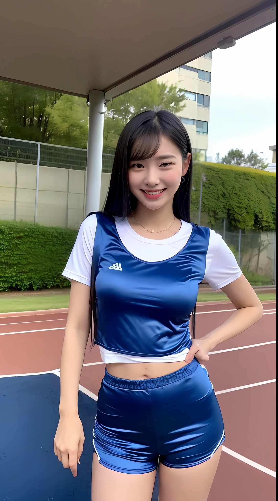 One woman and one short boy, a woman wearing a shiny truck costume is grabbed by the boy next to her with both hands (beautiful college girl in truck costume, best quality, high definition, 8k, 1 girl, outside the athletics stadium, 1 girl, shiny track costume (satin track costume: 1.4, deep blue: 1.5) (black hair, big: 1.4), (upper body: 1.2), Watch the viewer and smile), outside, boy grabbing the breasts of a woman in truck costume with both hands (T-shirt, shorts, grabbing a woman's breasts with both hands)